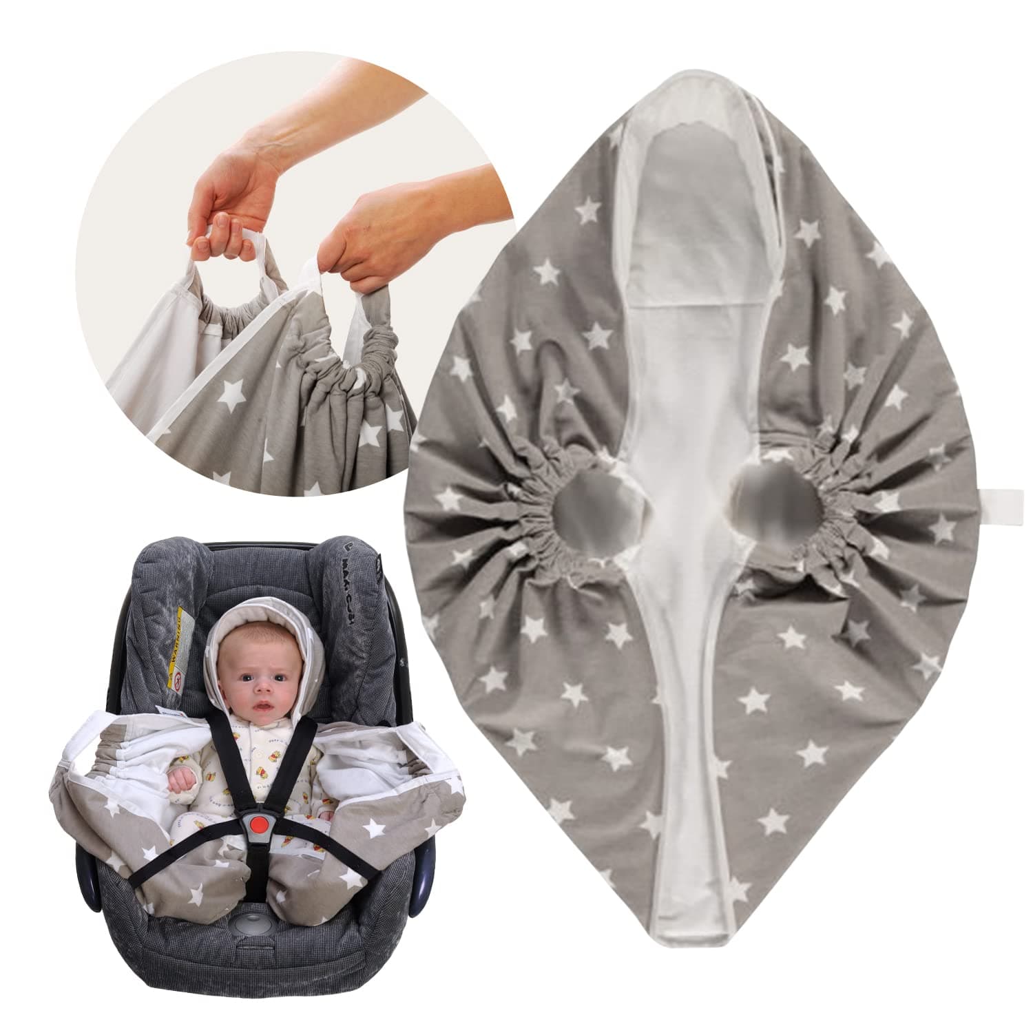 Baby Lift Carseat Blanket Insert (Grey Stars Bunting w/Handles) Organic Cotton Car Seat Swaddle for Baby Boys & Girls 0-18 Months