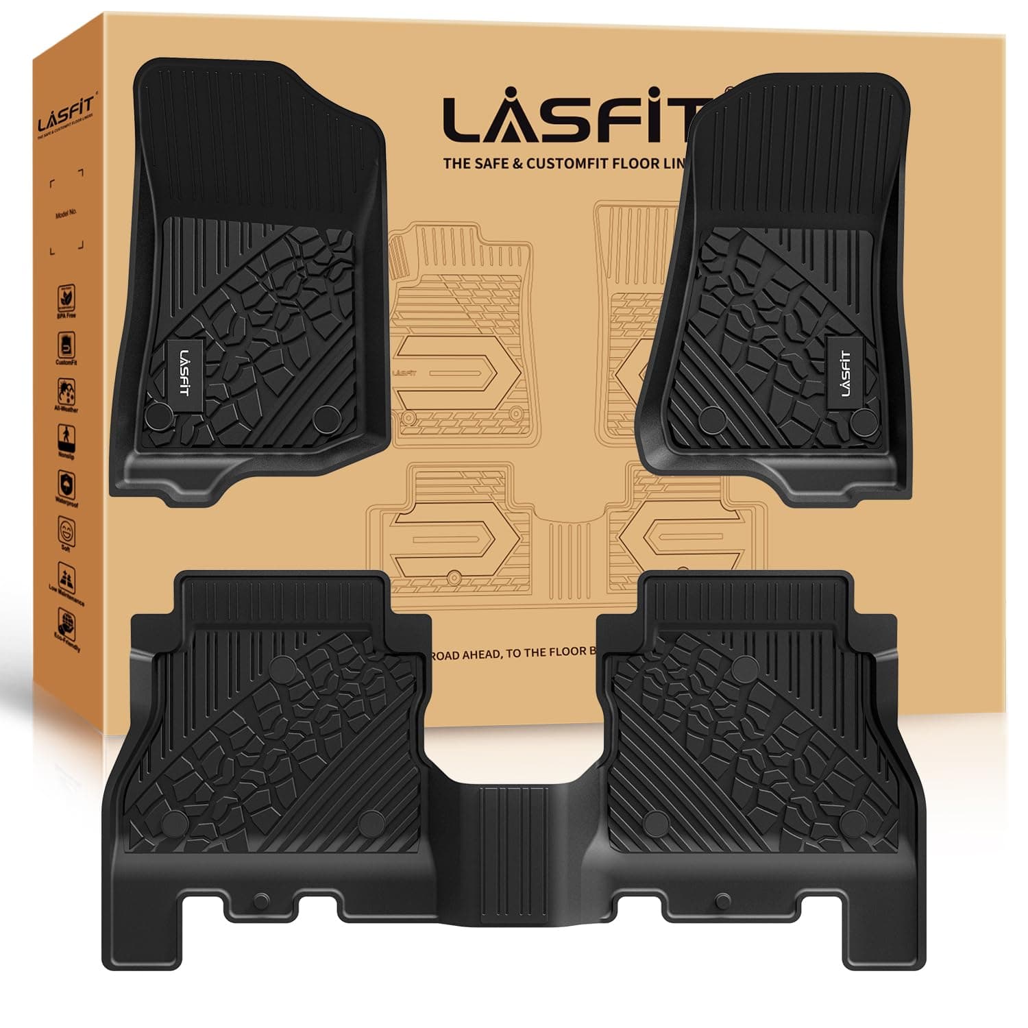LASFIT Floor Mats for Jeep Wrangler JL 2018-2025 2026 Unlimited 4 Door Gas/MHEV Type (Not Fit for JK or PHEV) All Weather TPE Custom Fit Car Mats Floor Liners 1st & 2nd Row, Black