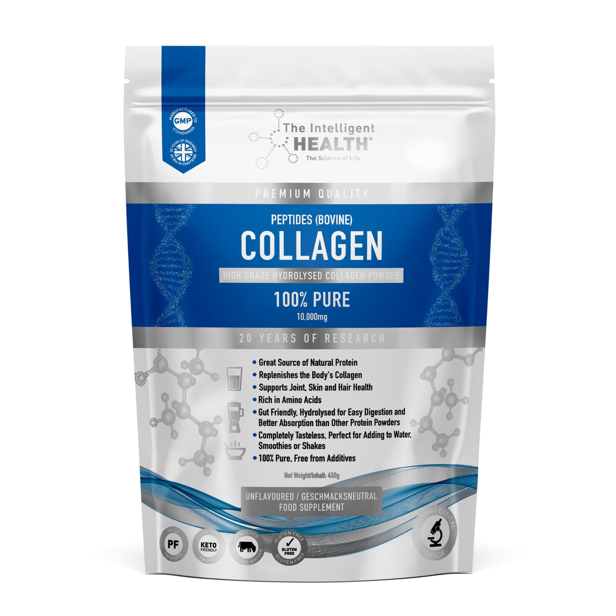 The Intelligent Health Collagen Powder, Hydrolysed Bovine Peptides, Unflavoured Protein Formula, Grass Fed, Collagen Supplement for Women & Men, 450g