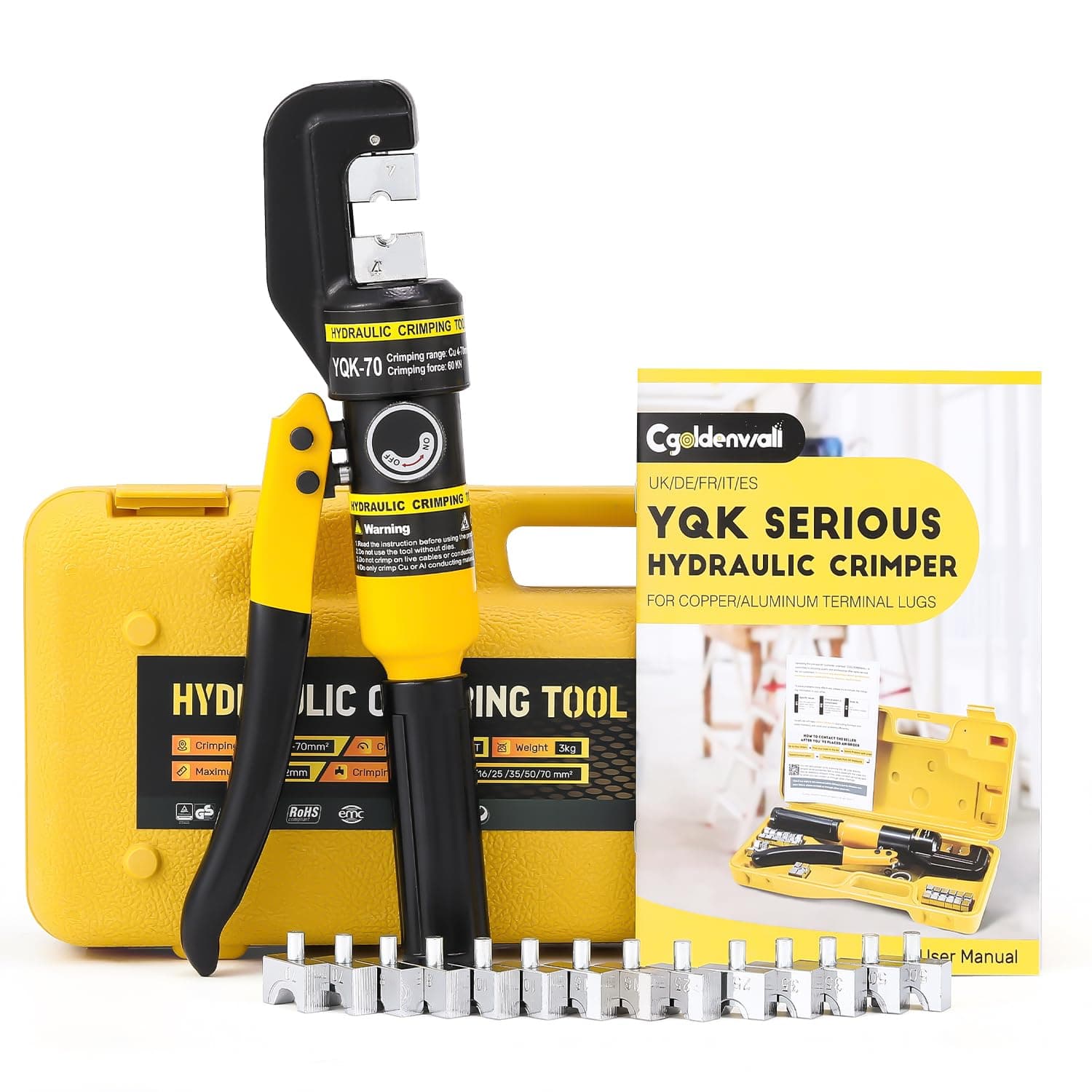 YQK-70 Hydraulic Crimping Tool 4-70mm² 10T Pressure with 9 Hexagonal Dies 12mm Stroke for Copper and Aluminium Cable Lugs