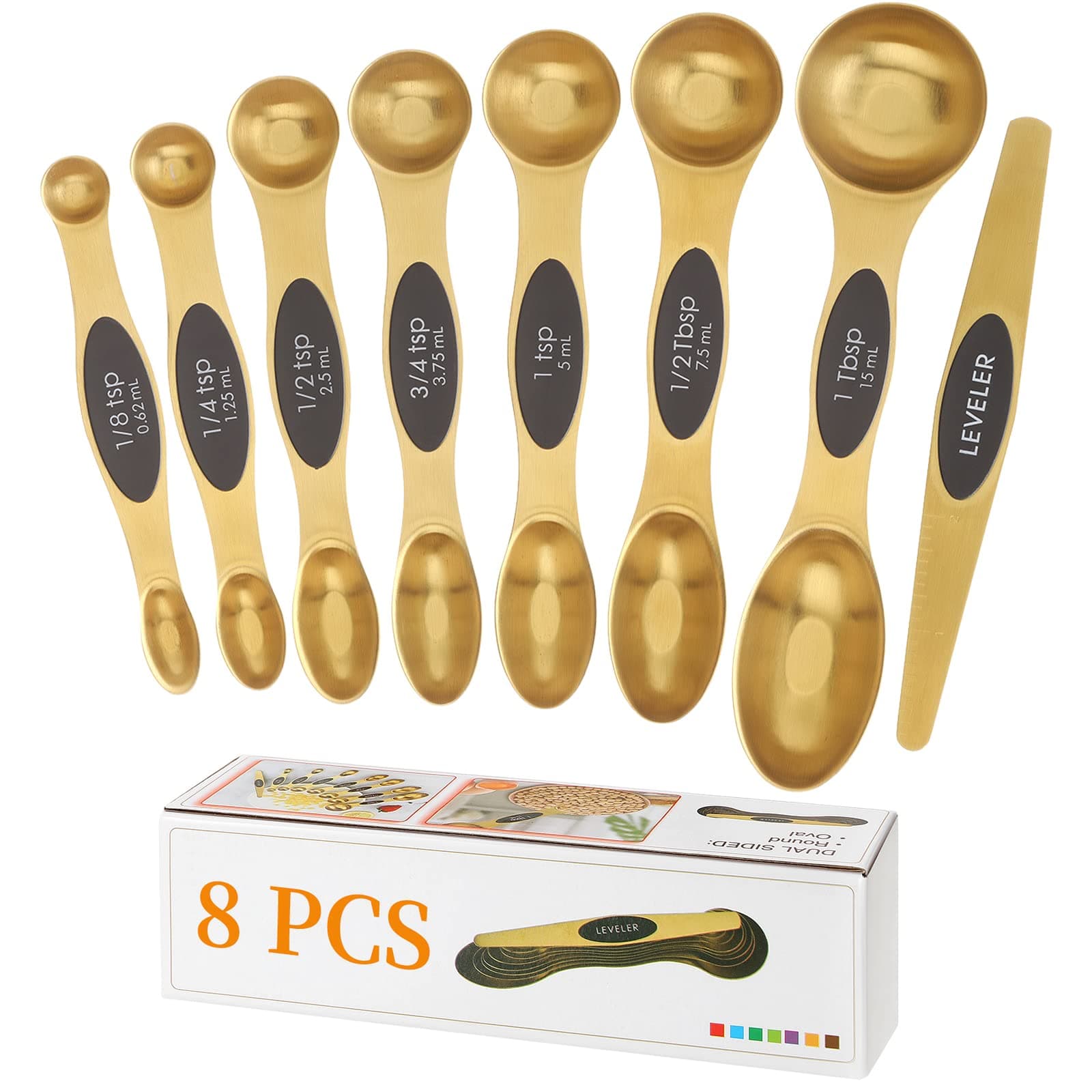 Magnetic Measuring Spoons Set, Stainless Steel, Dual Sided, Stackable, Dual Sided for Measuring Dry and Liquid Ingredients, Fits in Spice Jars, Set of 8（Gold ）