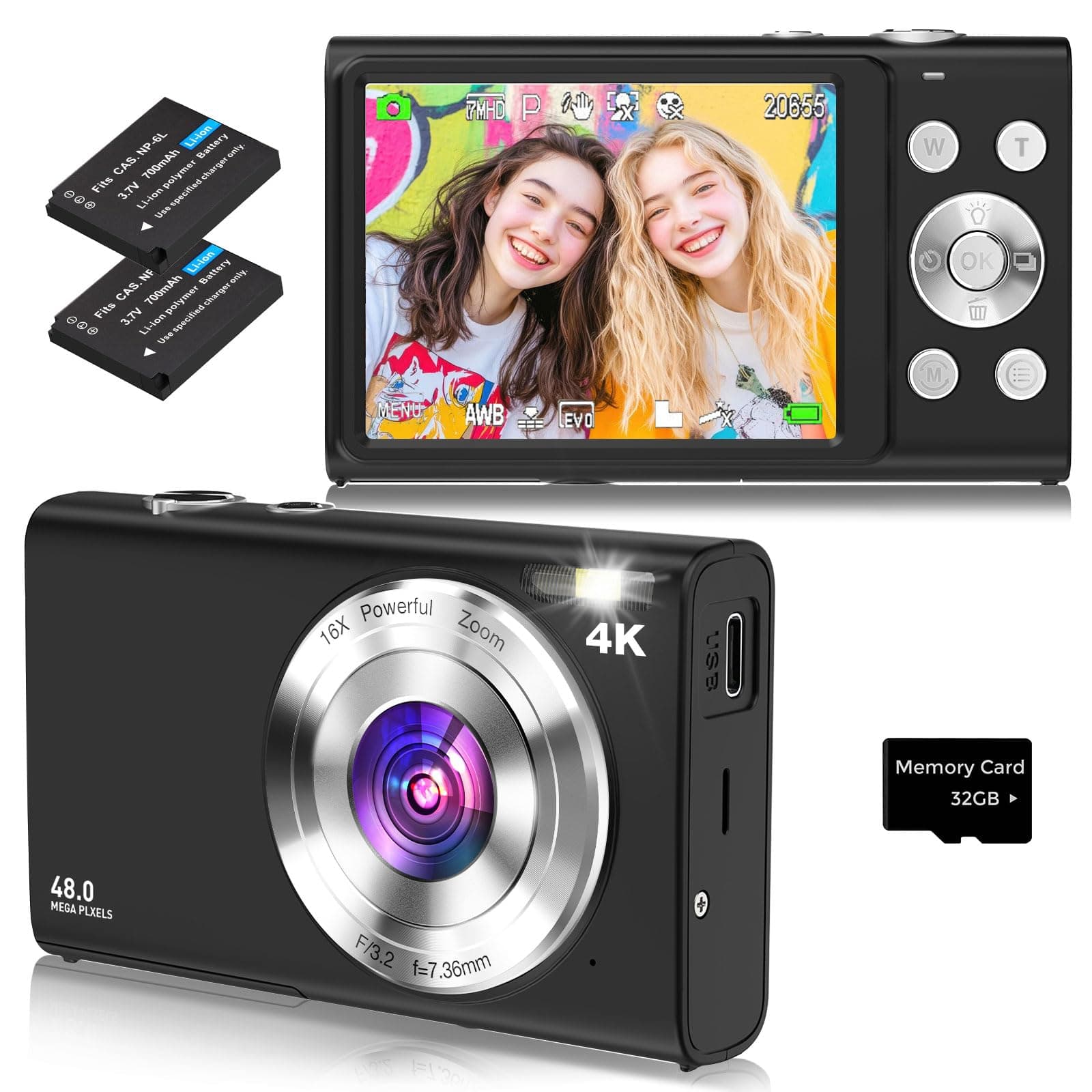 Digital Camera, 4K Autofocus Camera with 32G SD Card HD 48MP with 2.8 Inch Large Screen, 16X Digital Zoom, Compact Camera Portable Mini Camera for Adults, Beginners (Black)