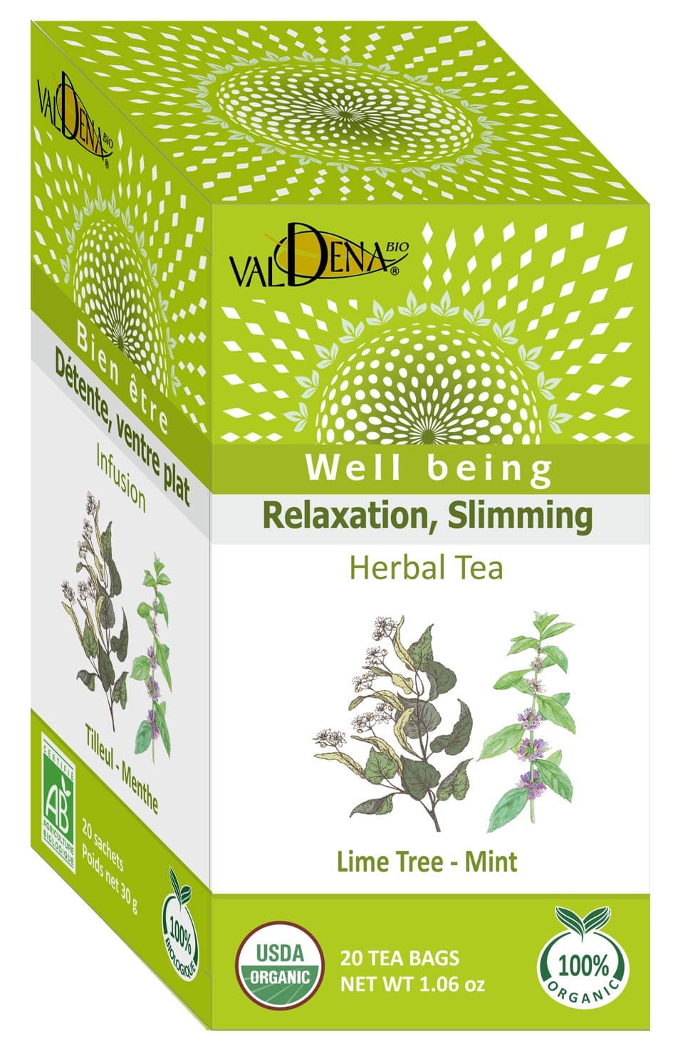 Valdena Bio 100% All-Natural Organic Flavored Mint Lime Tree Infusion Herbal Tea (Pack of 3 - Total of 60 Individually Wrapped Tea Bags) Wellness Tea for Digestion and Relaxation, USDA Certified