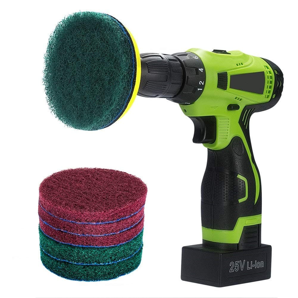 Kichwit 4 Inch Power Brush Tile Scrubber with Scouring Pads Kit, Drill Attachment, 3 Red & 3 Stiff Green Pads for Heavy Duty Household Cleaning (Drill Not Included)
