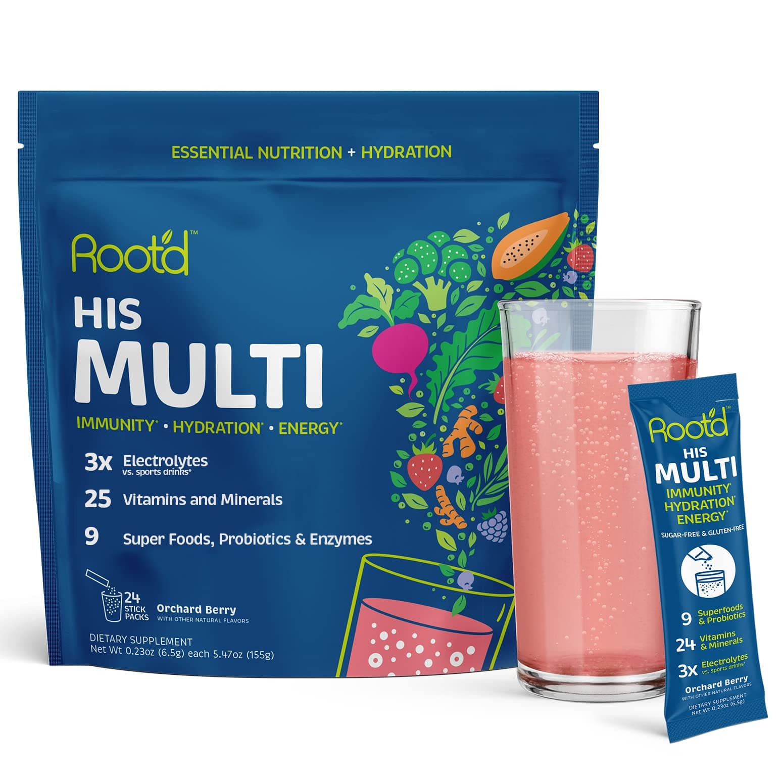 Root'd Multivitamin Powder with 3X Electrolytes for Men - 24 Vitamins & Minerals, 3X Electrolytes, 9 Superfoods, Probiotics & Enzymes, Sugar-Free Multivitamin & Hydration | 24 Packets