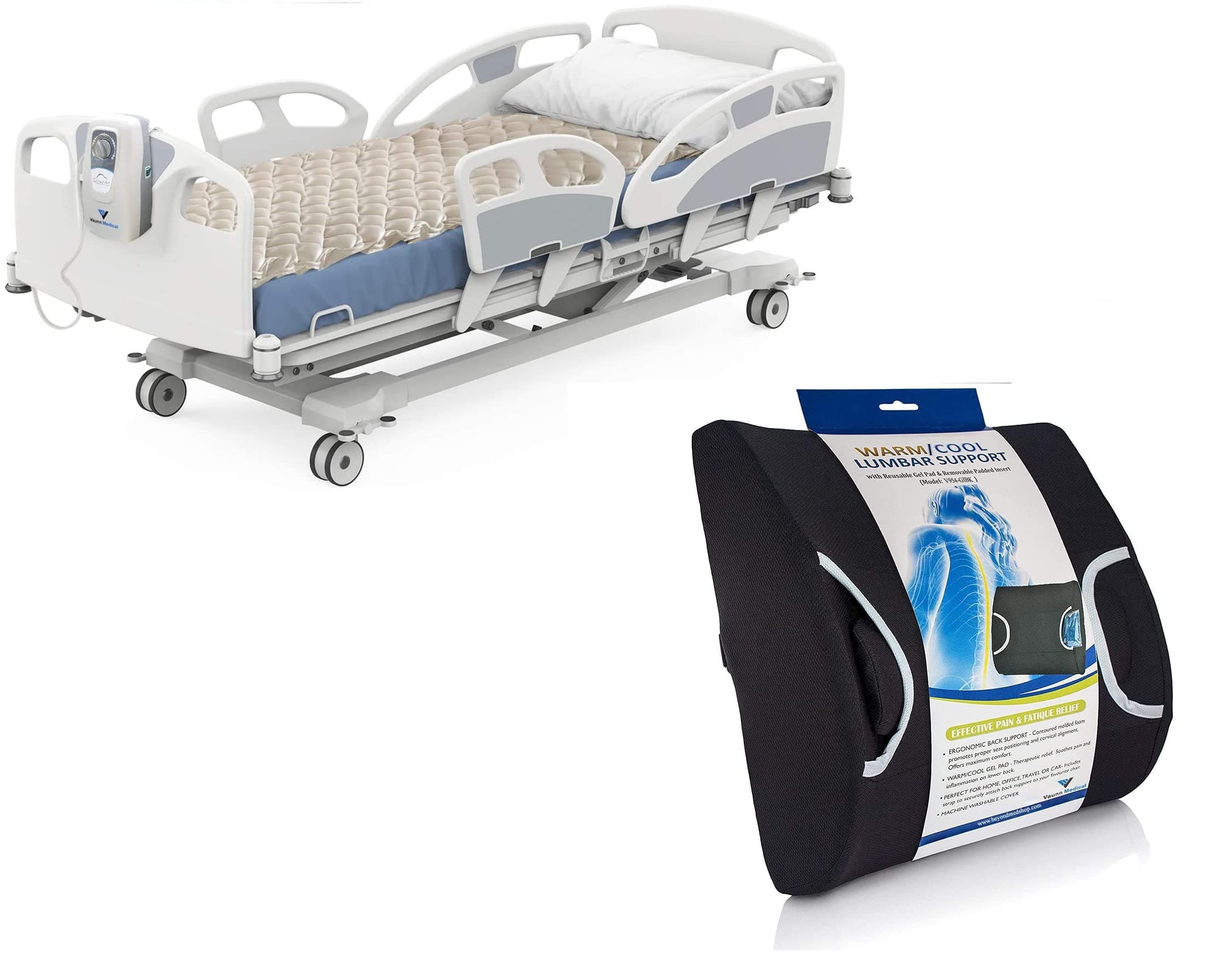 Vaunn Medical Air Pressure Mattress Topper and Lumbar Back Support Cushion Pillow Bundle