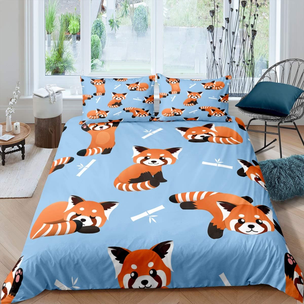 Red Panda Bedding Set Cute Animal Pattern Comforter Cover for Kids Boys Girls Cartoon Panda Printed Duvet Cover Wildlife Style Quilt Cover Child Bedroom Decor 2Pcs Single Size BlueOEKO-TEX STANDARD 100
