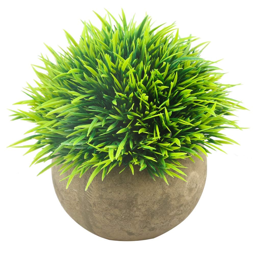 Mini Artificial Plants, Plastic Fake Green Grass Faux Greenery Topiary Shrubs with Grey Pots for Bathroom Home Office Décor, House Decorations (1)