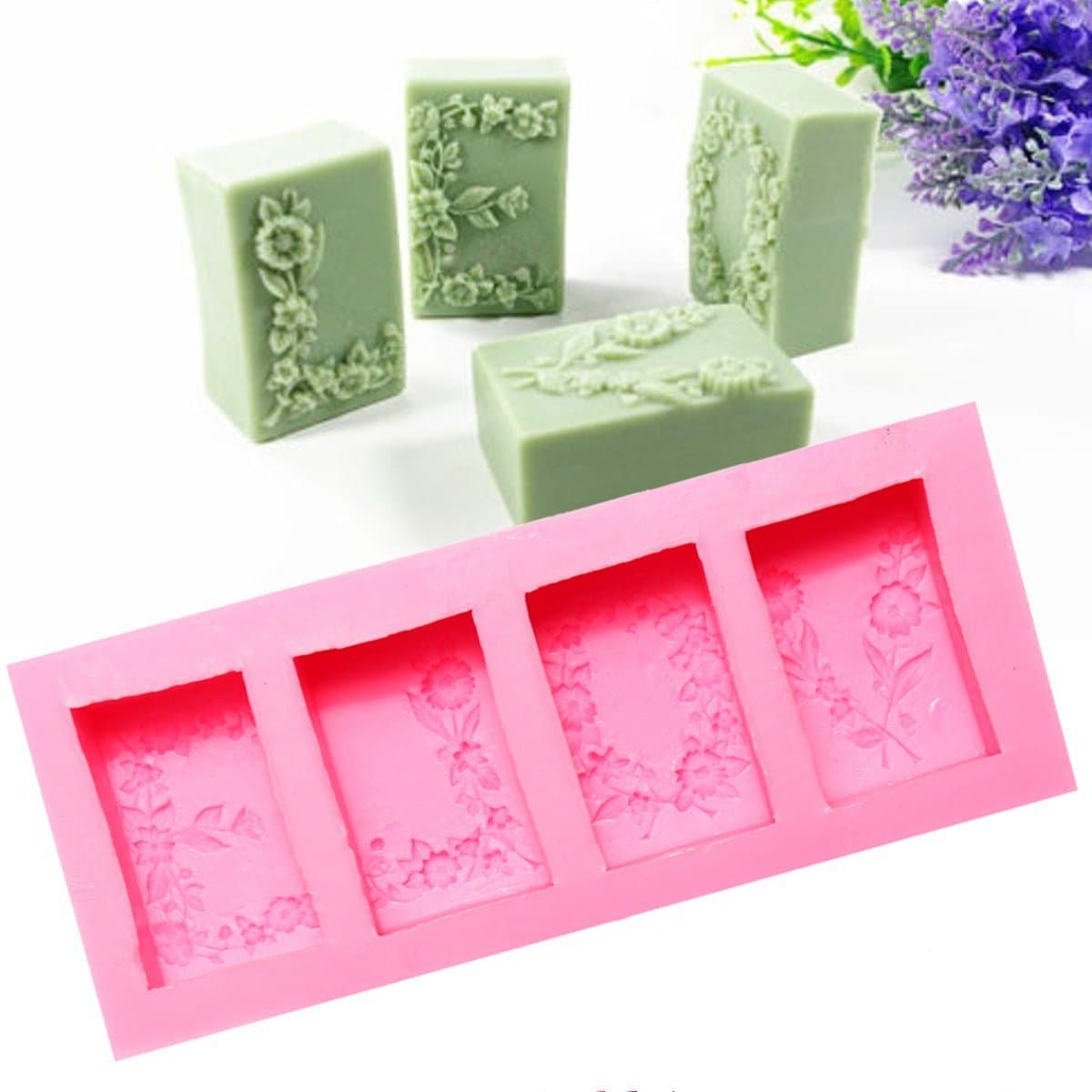 TOPWA 4 Patterns Silicone Soap Molds Candle Mould DIY Rectangular Flower Flexible 3D Cake Mold