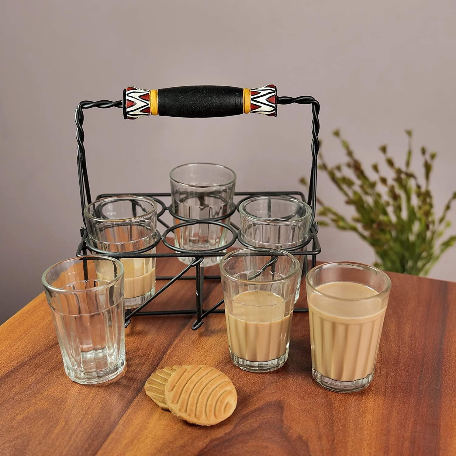 Tribal Transparent' Cutting Chai Glasses with Stand | Tea Glass Set of 6 with Stand and 1 Extra Glass | Dhaba Style Tea Glass Holder Carrier (Wrought Iron) 120 ML