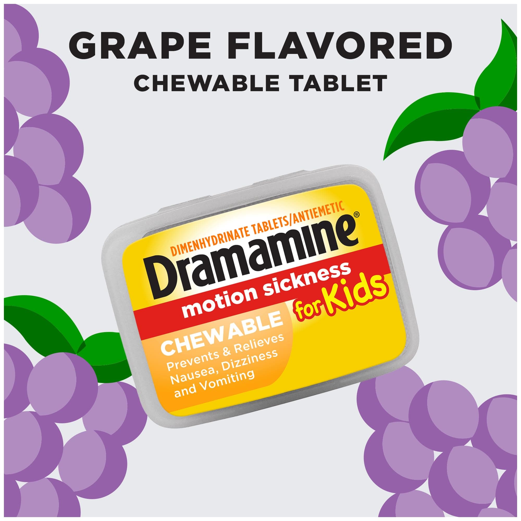 Dramamine Motion Sickness for Kids, Chewable, Dye Free, Grape Flavored, 8 Count (Pack of 3)