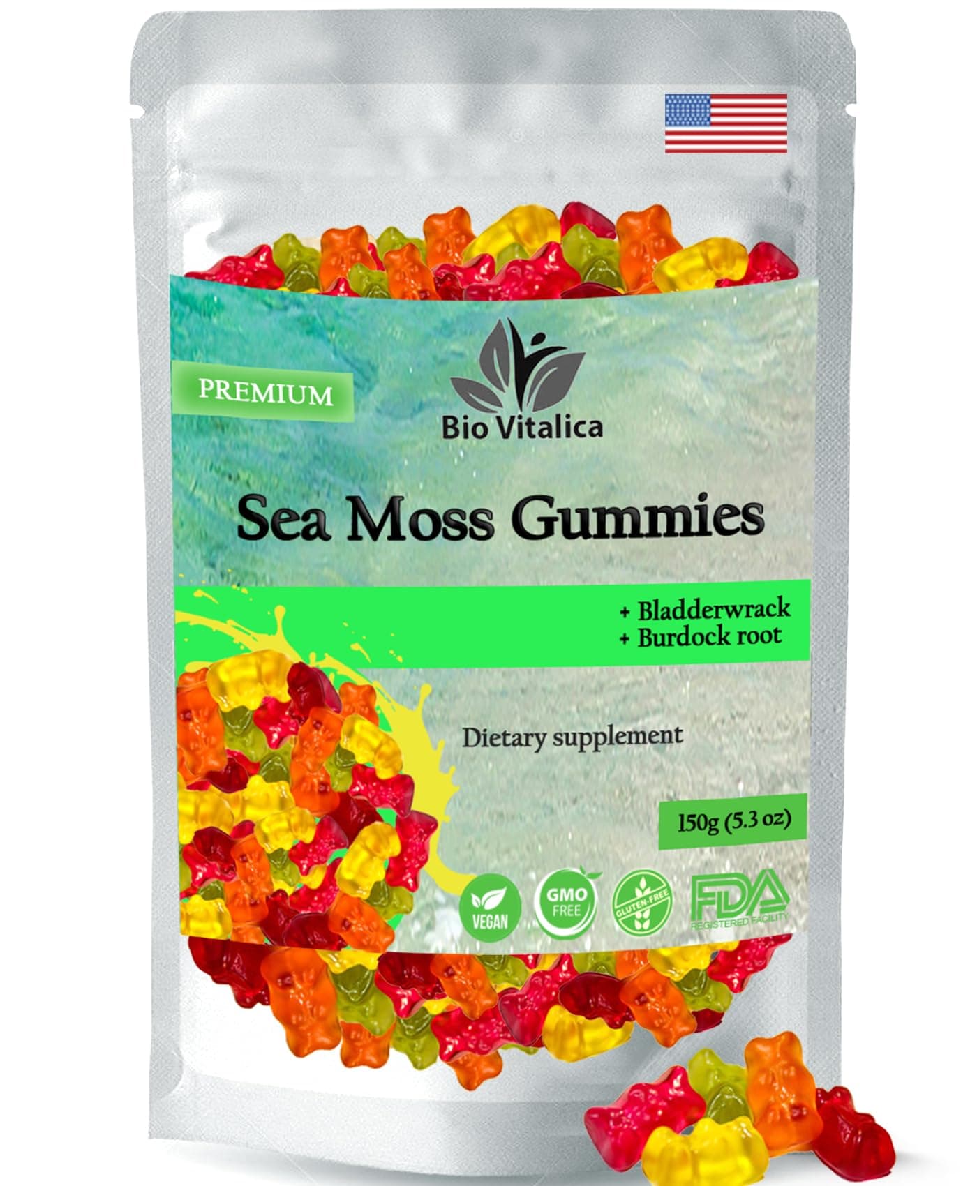 Sea Moss Gummies - Irish sea Moss raw Organic, Bladderwrack, Burdock Root. Contains Sea Moss Gel and Powder. Superfoods for Vegan, Keto and Dr Sebi Diet. Immune Boosting (1, Original)