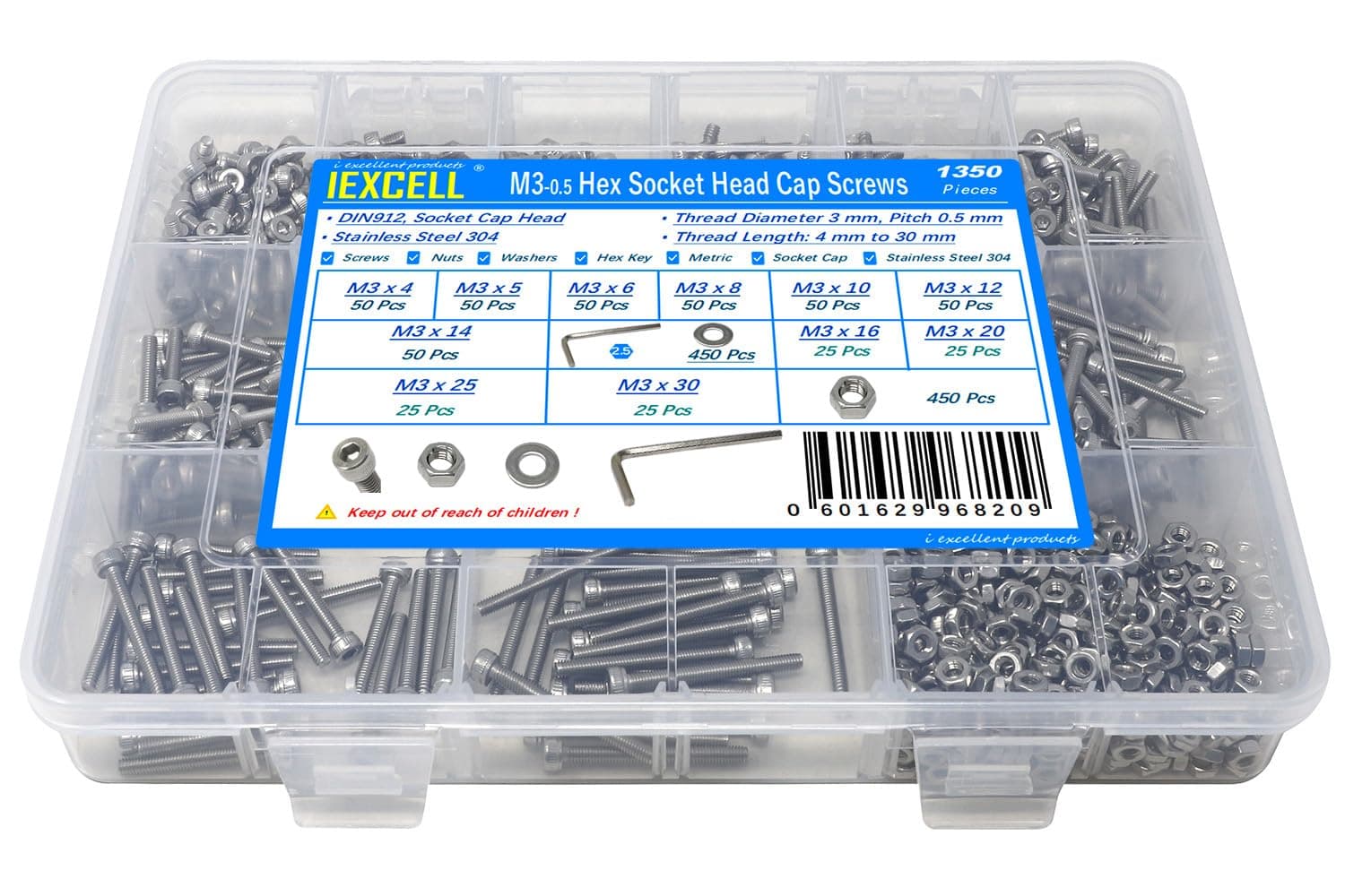 iexcell 1350 Pcs M3 x 4/5/6/8/10/12/14/16/20/25/30 Stainless Steel 304 Hex Socket Head Cap Screws Blots Nuts Washers Assortment Kit