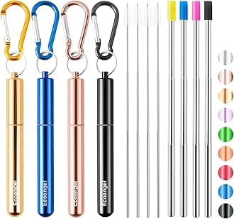 Cruise Ship Essentials,4-Pack reusable Collapsible Stainless Steel Drinking Straws with Aluminum Case,Cleaning Brush,and Keychains （Black & rose gold & blue & gold）