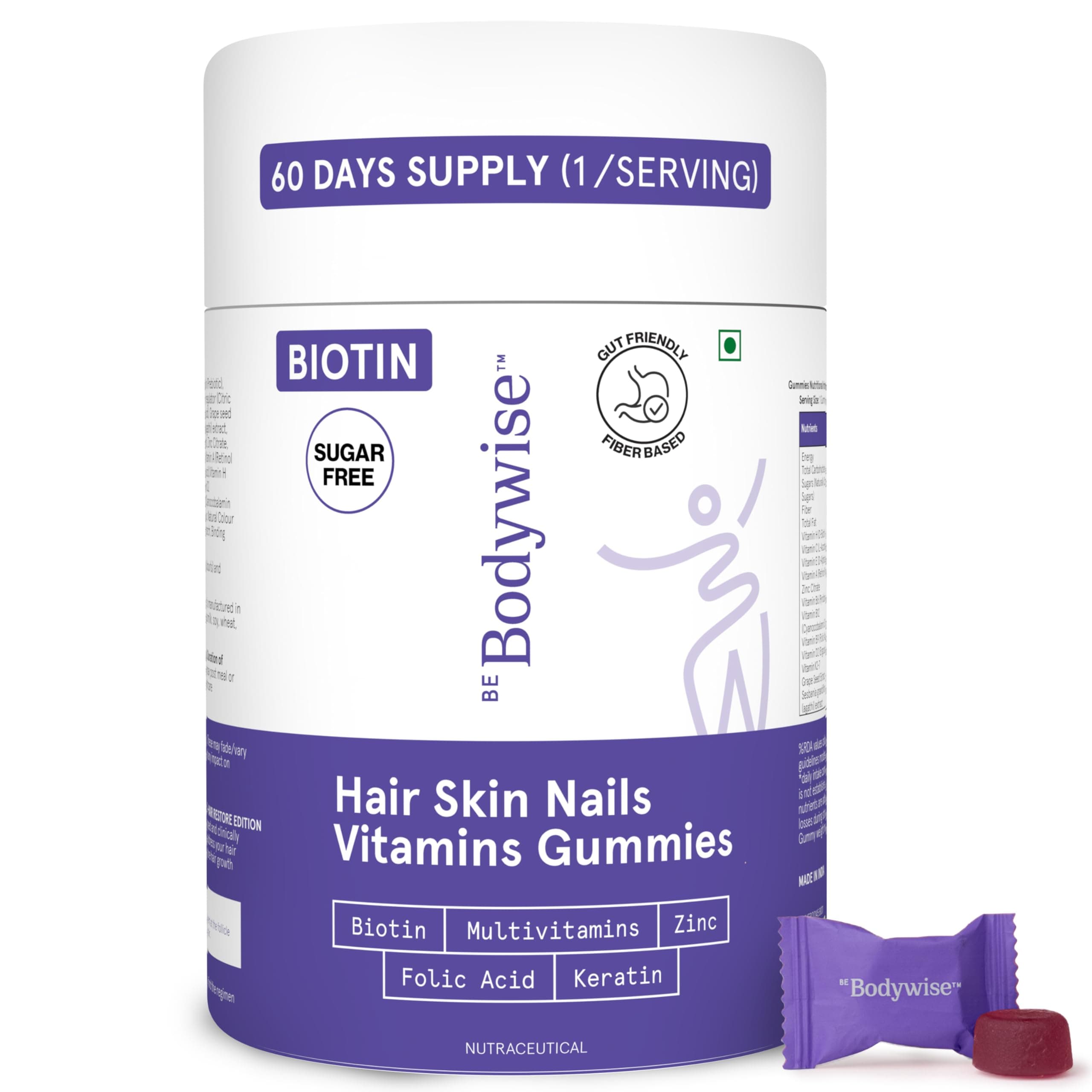 – Biotin Hair Gummies I Sugar Free I 60 Day Pack I Healthy Hair,Skin,Nails I '6-in-1' Biotin, Zinc, Folic Acid, Vitamin C, Keratin & Multivitamin I Gut FriendlyI Strawberry FlavorI100% Vegan