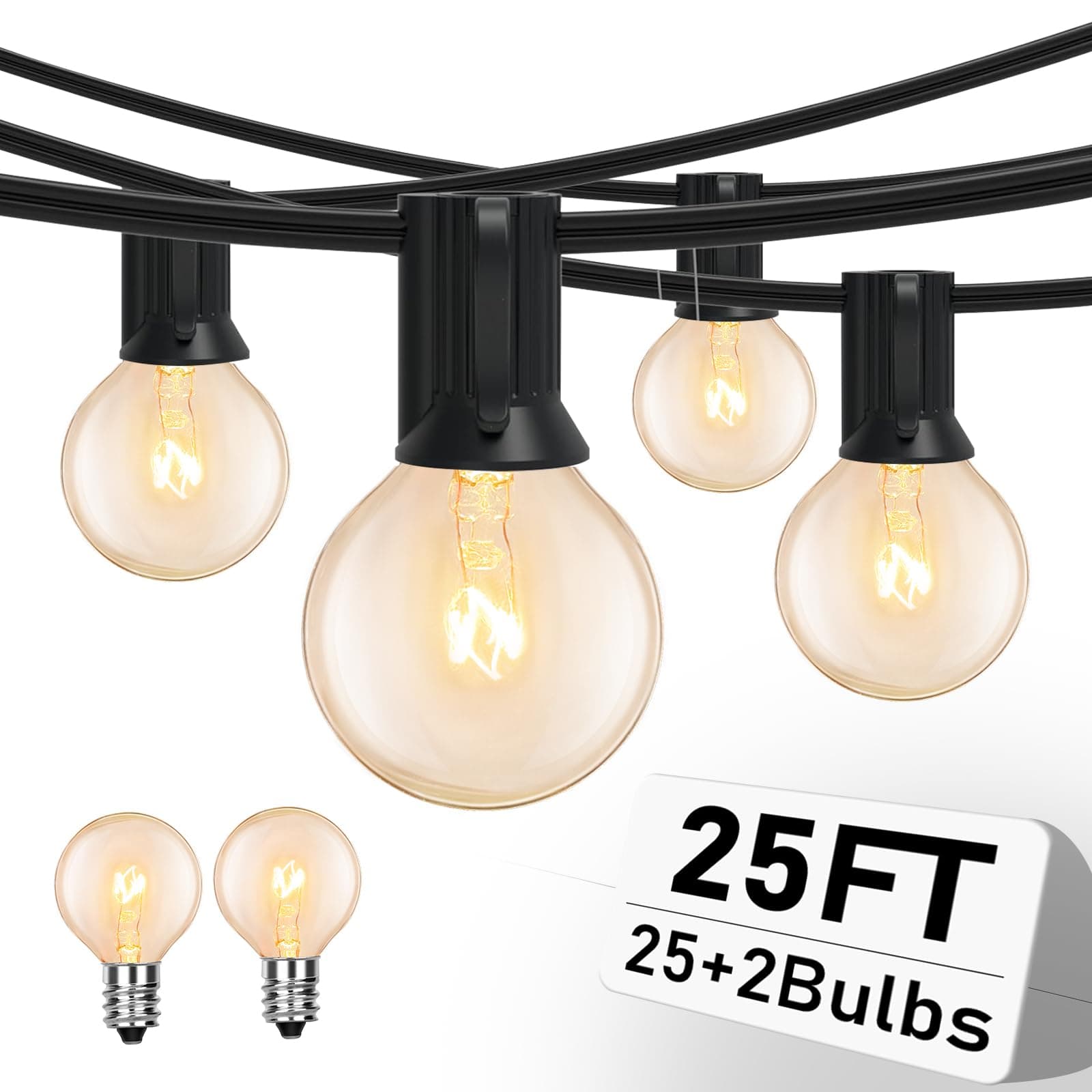 25FT String Lights, G40 Outdoor String Lights Edison Light Bulbs Clear Globe Lights for Backyard Patio Lights Indoor/Outdoor Commercial Decoration -5 Watt/120 Voltage/E12 Base -Black Wire