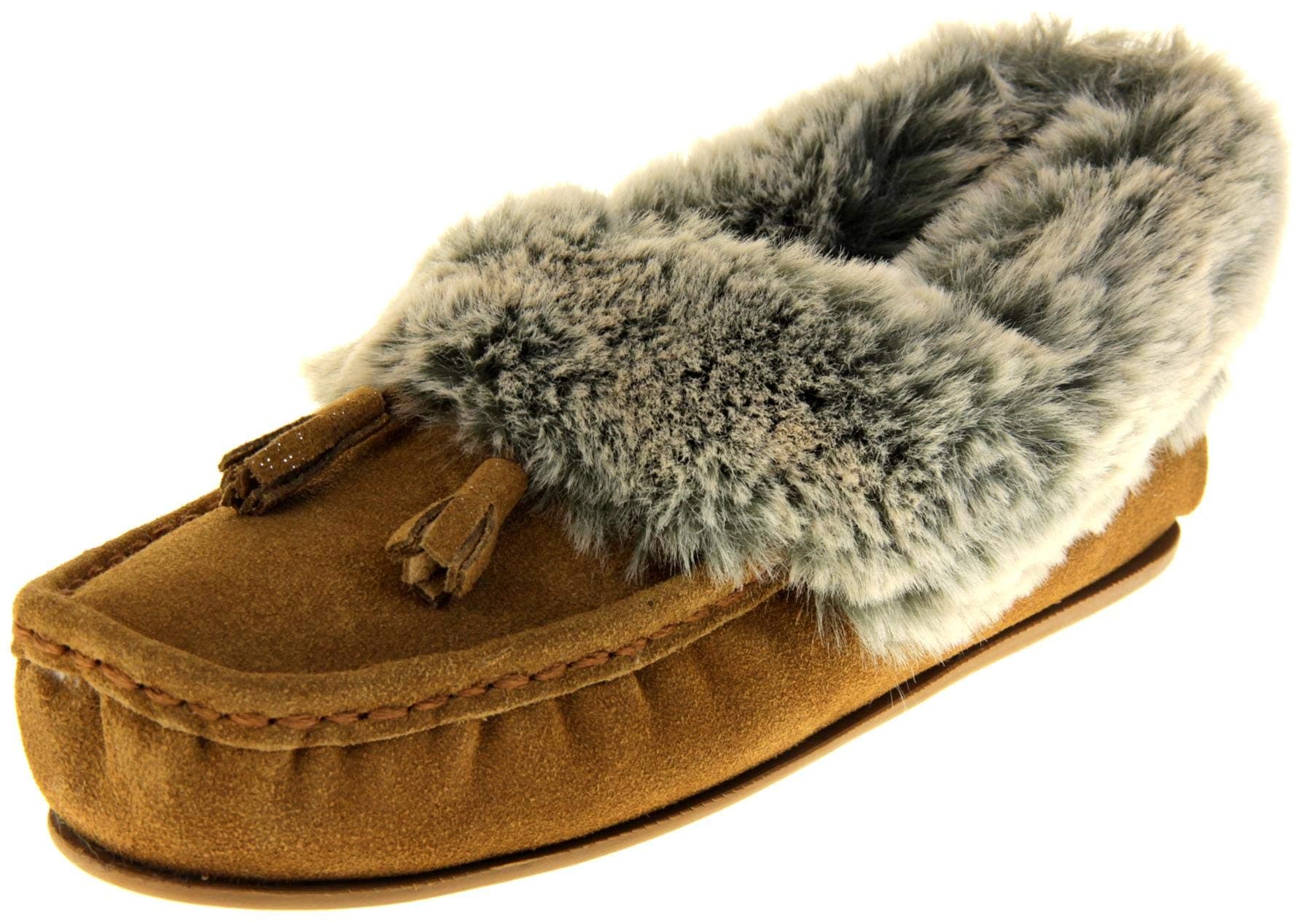 DUNLOPWomens Loafers Maddison Fluffy Faux Fur Lined Suede Leather Slippers - Size 3 4 5 6 7 8 UK - In presentation box - Perfect Christmas gifts for women - Luxury Rubber Outdoor Sole Ladies Slippers