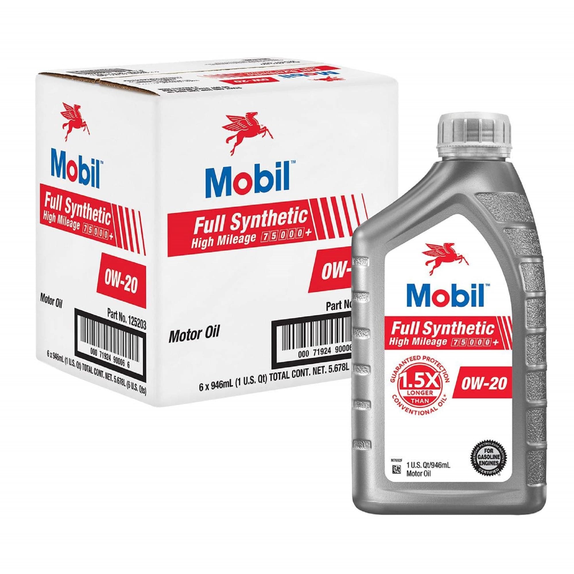 Mobil Full Synthetic High Mileage Motor Oil 0W-20, 1 Quart (6-pack)