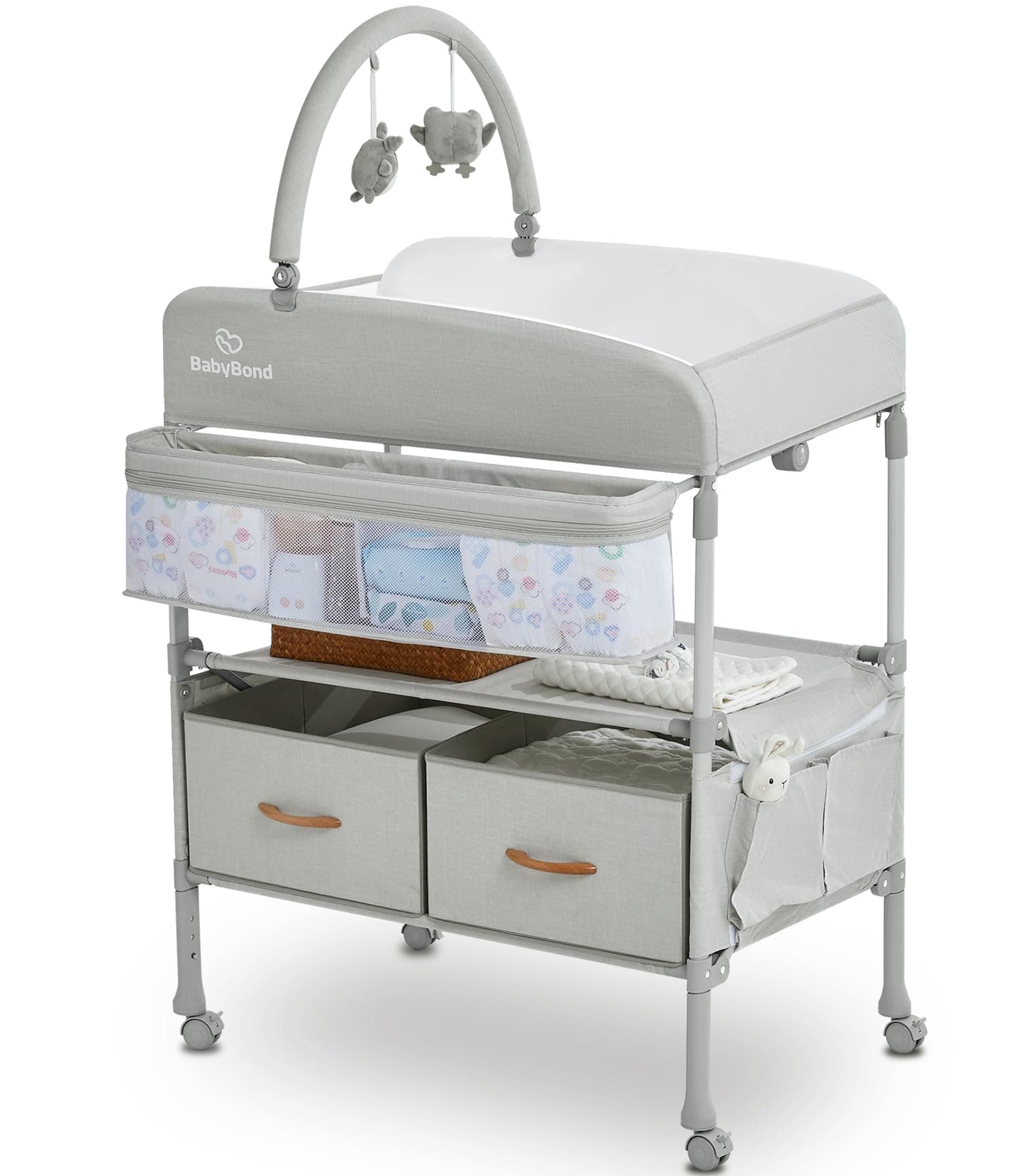 BabyBond Portable Changing Table with 2 Storage Baskets, Height Adjustable, Foldable, Waterproof Diaper Changing Station for Infant and Newborn (Beige)