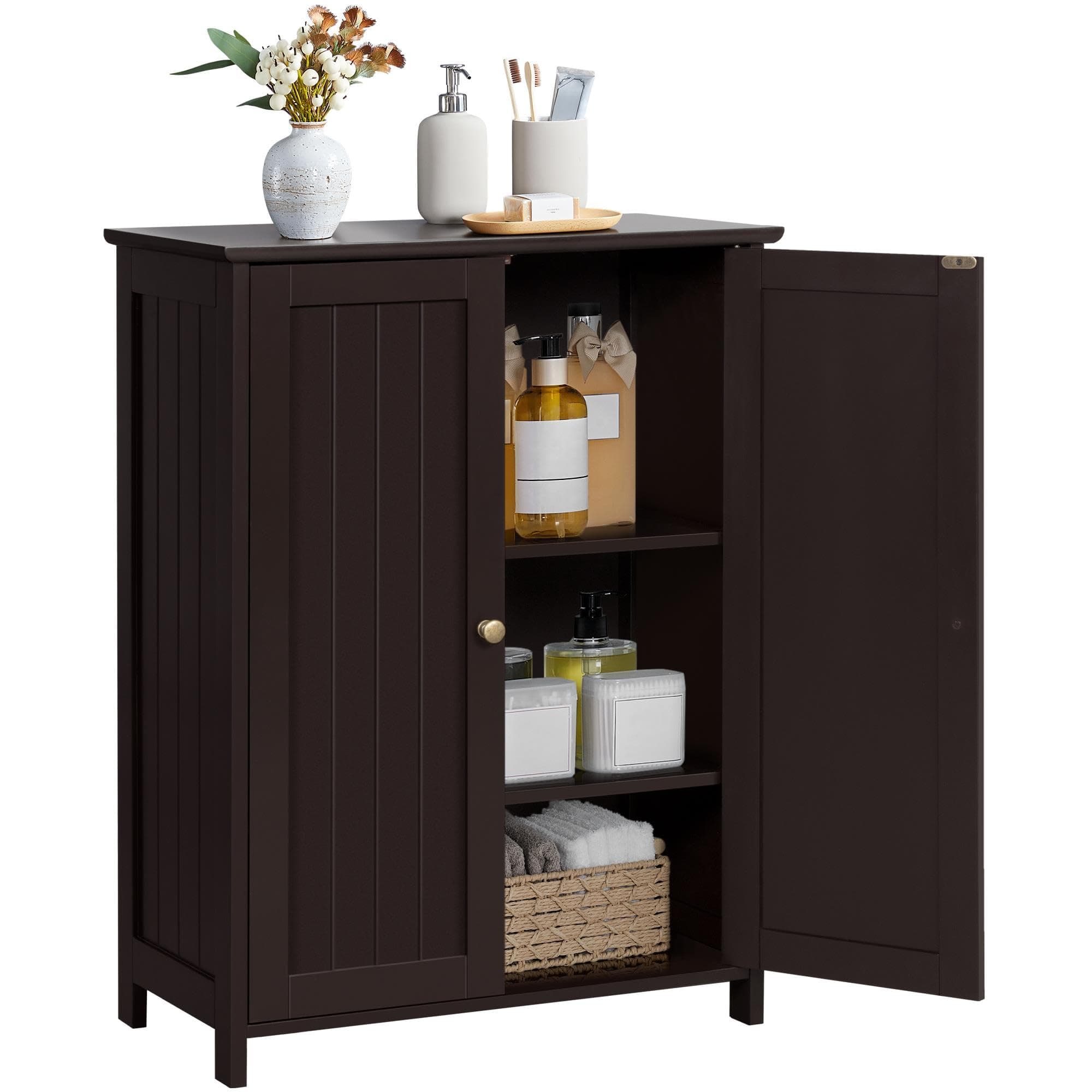 Bathroom Floor Cabinet, Modern Storage Freestanding Organizer Cabinet with Adjustable Shelves & Double Doors, 3-Tier Home Living Room Furniture, Espresso