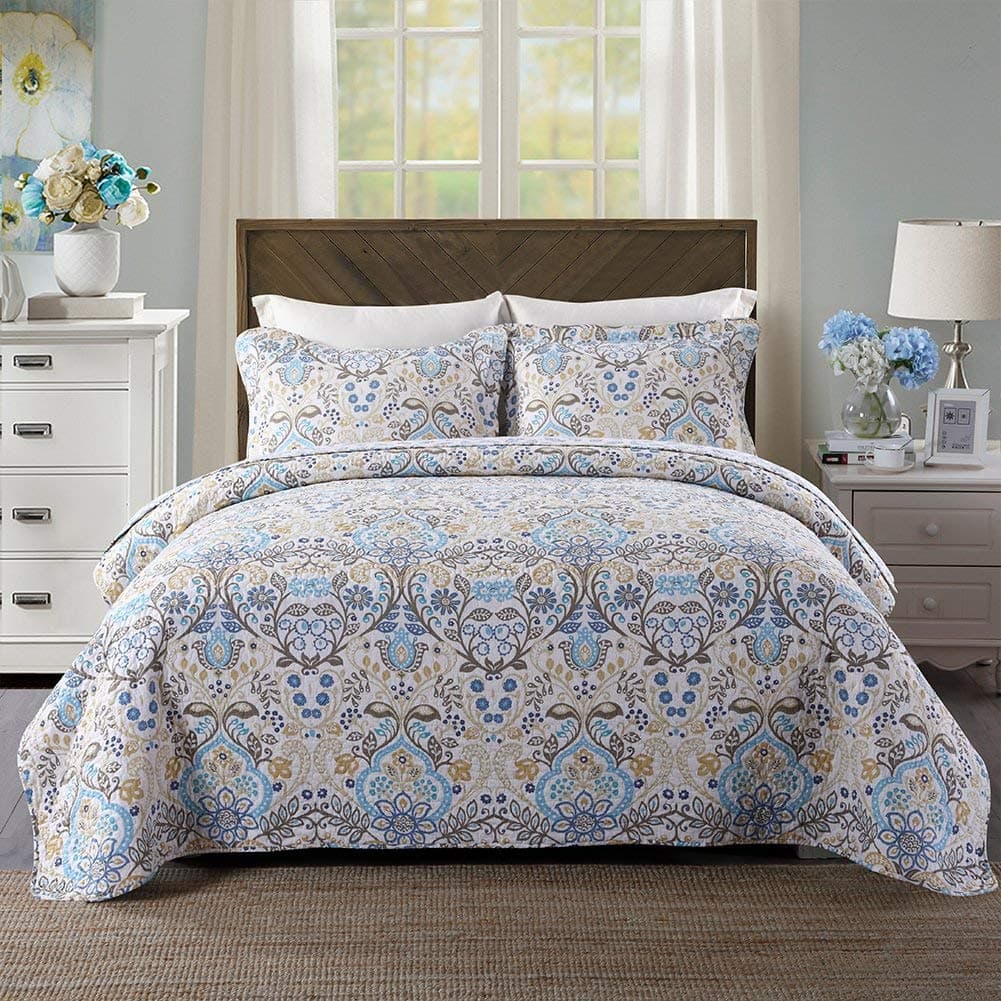 3-Piece Cotton Quilted Bedspread Boho Flowers and Branch Design Quilts Set Geometric Pattern Bed Cover, Spring Garden, Queen