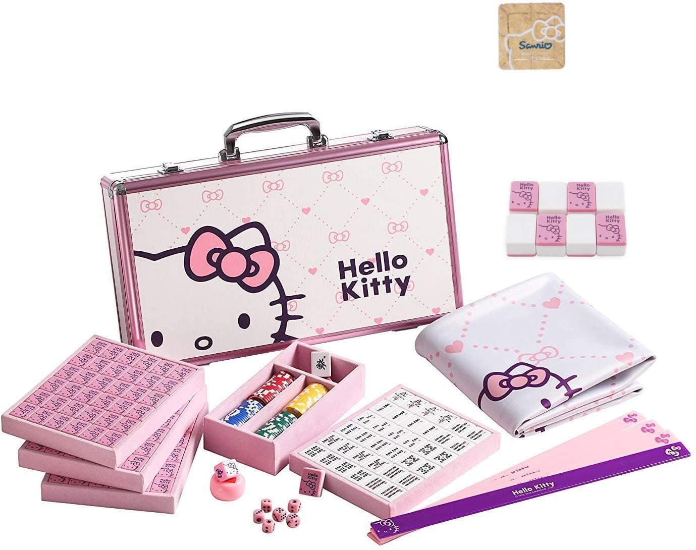 152Tiles Hello Kitty (144 Characters + 8 Blank) Sanrio ハローキティ Pink Aluminum Complete Mahjong Set with Playing Mat 4 Pushers Majiang Valentines Gift