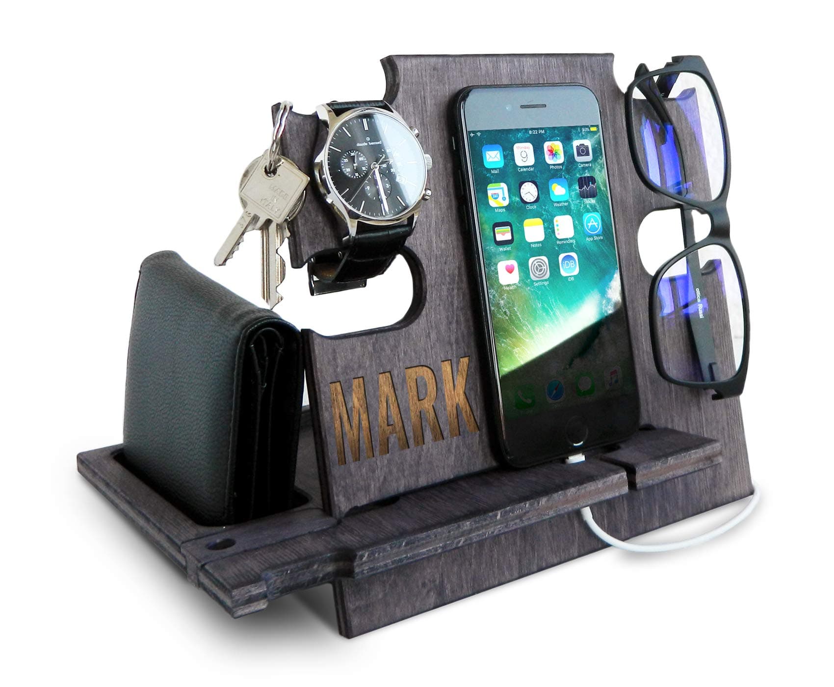 GRETAOTO Personalized Wood Phone Docking Station Gift for Men Bedside Nightstand Charging Station Organizer Mens Accessories Phone Stand Anniversary Birthday Gifts for Dad Him Husband