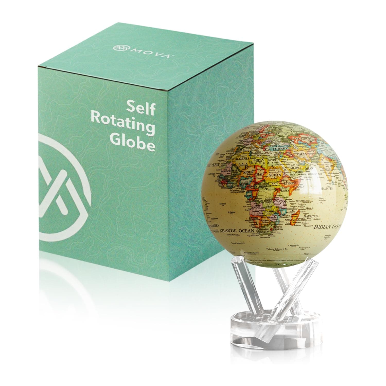 Globe Political Map Yellow 4.5" with Base, Solar Powered Rotating Globe No Need of Battery or Chord, Unique Gift and Decoration