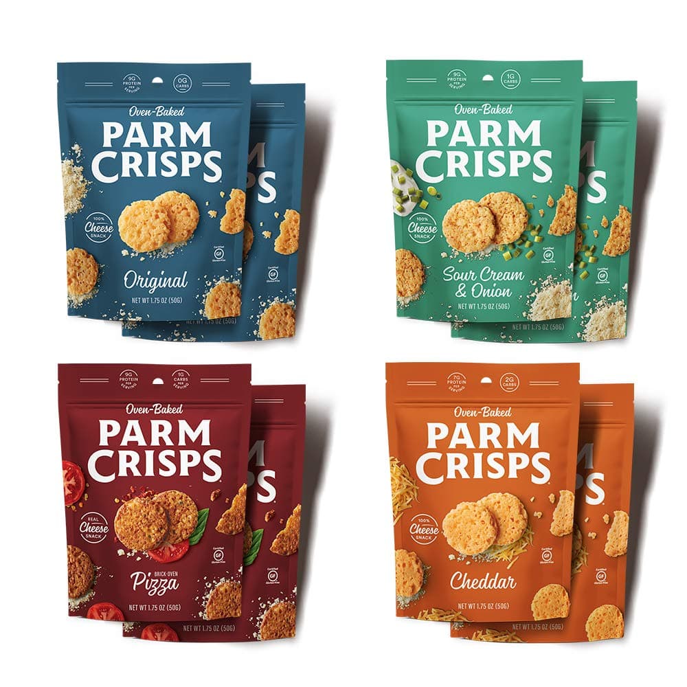 ParmCrisps 8 Count Variety Pack | 1.75oz Original Parmesan, Cheddar, Sour Cream & Onion, Pizza| Healthy Keto Snacks, 100% Cheese Crisps, Gluten Free, Sugar Free, Low Carb, Keto-Friendly, High Protein