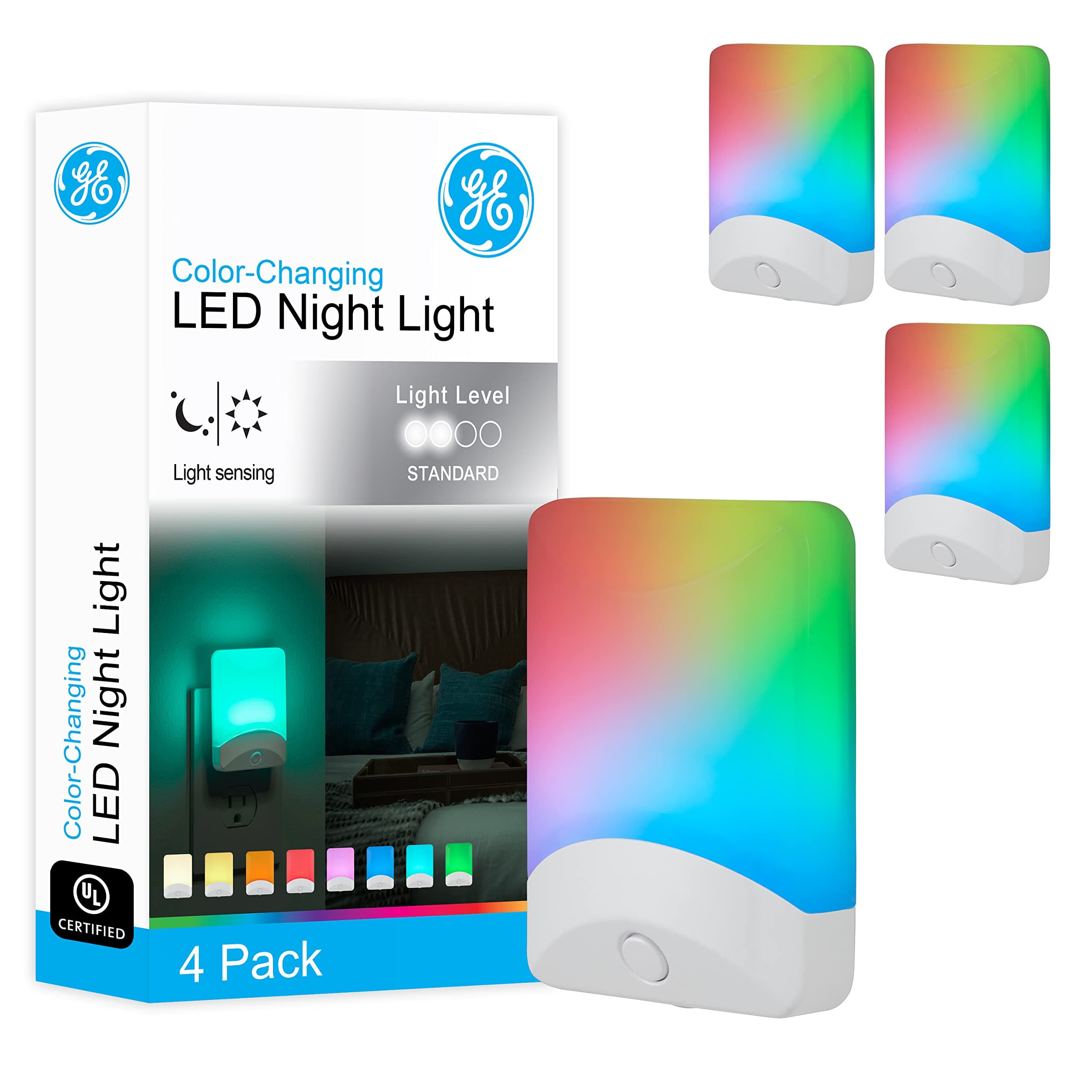 GE Color Changing LED Night Light for Kids, Dusk to Dawn Sensor, Home Decor Apartment Essentials, Wall Lights for Bedroom, Ambient Lighting, Nightlights Plug in, 50860, 4-Pack