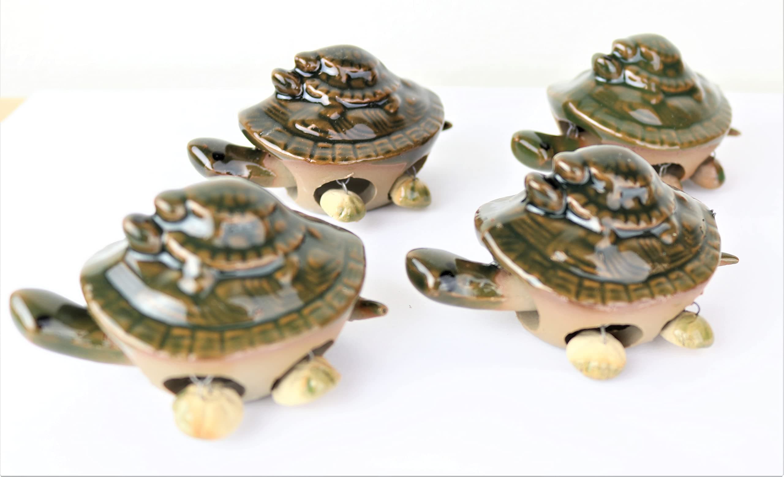 Set of 4 Ceramic 3" Green Mini Bobble Head Turtle Statue Figurine for Longevity for Home, Office, Car Dashboard Decor (4F15103)