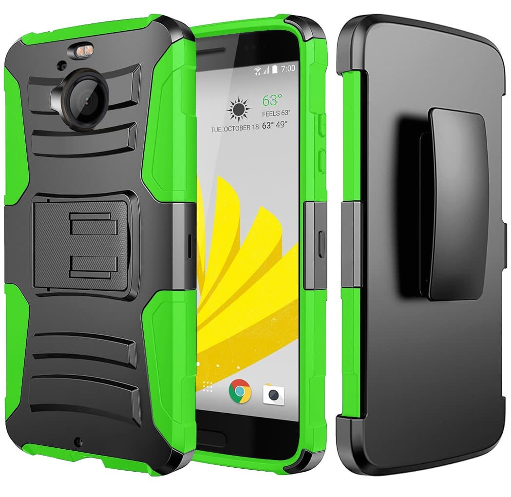 HTC Bolt Case, JATEN [Belt Clip] Rugged Hybrid Dual Layer Kickstand Holster Combo + Tempered Glass Screen Protector (Black/Green)
