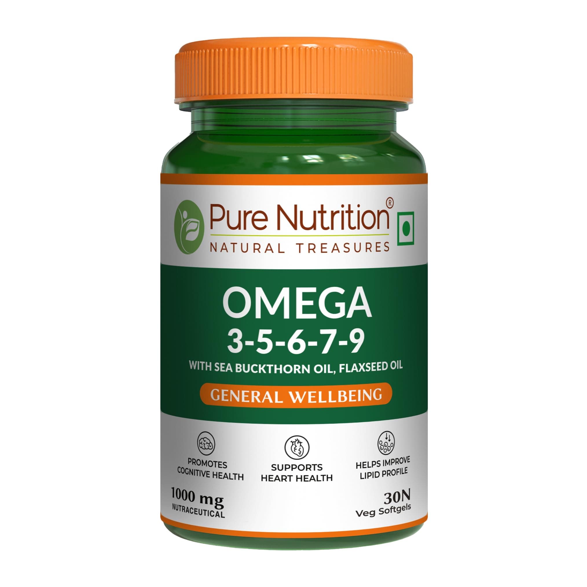 Pure Nutrition Omega 3-5-6-7-9, 1000mg 100% Veg, Plant-Based, Flaxseed Oil Helps in Brain & Heart Health & Immunity - 30 Veg Soft Gels