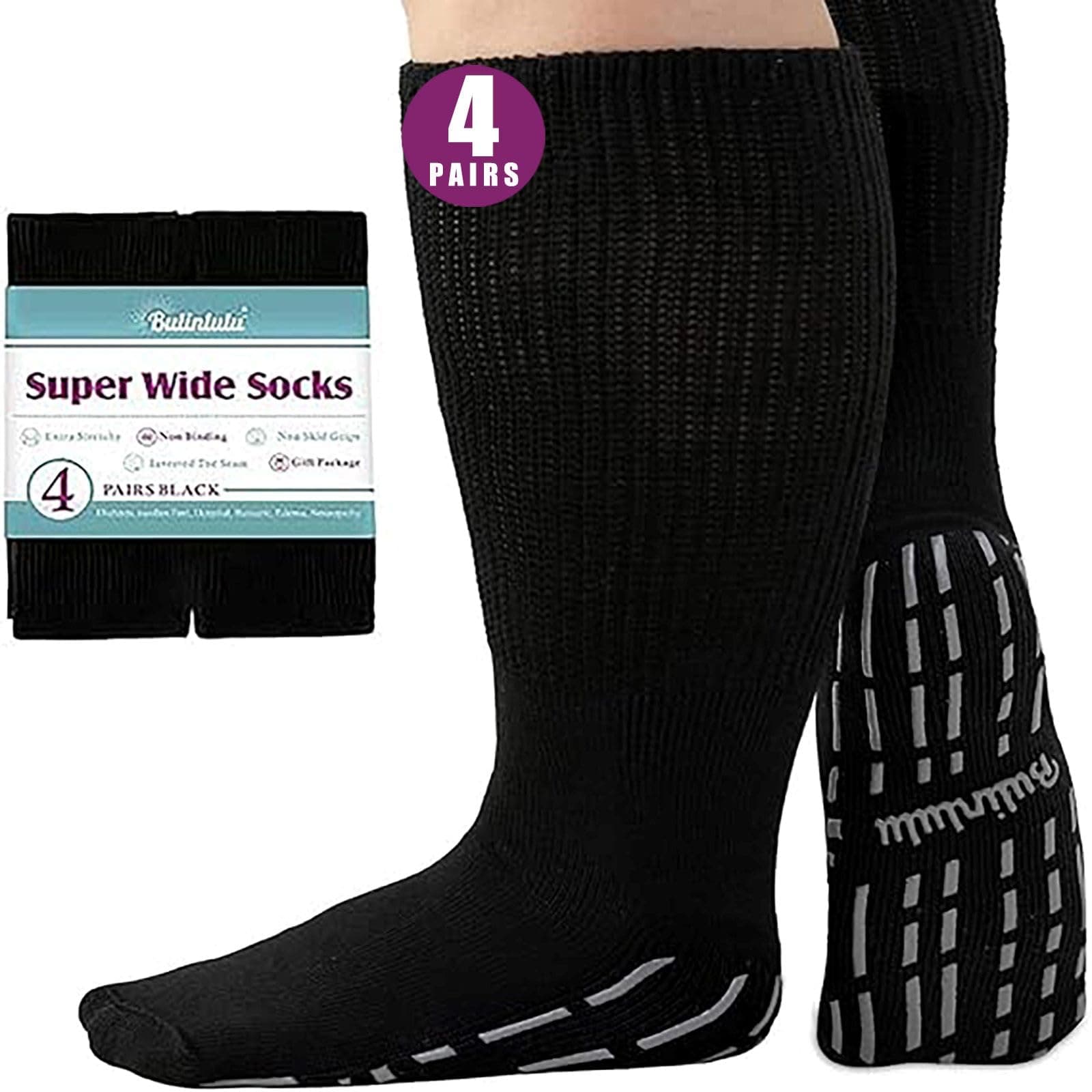 Bulinlulu Extra Wide Socks for Swollen Feet- Super Wide Diabetic Socks for Men,Hospital Bariatric Socks Edema Socks Women,Cast,Lymphedema Socks, 4 Pairs Black Pack, One Size