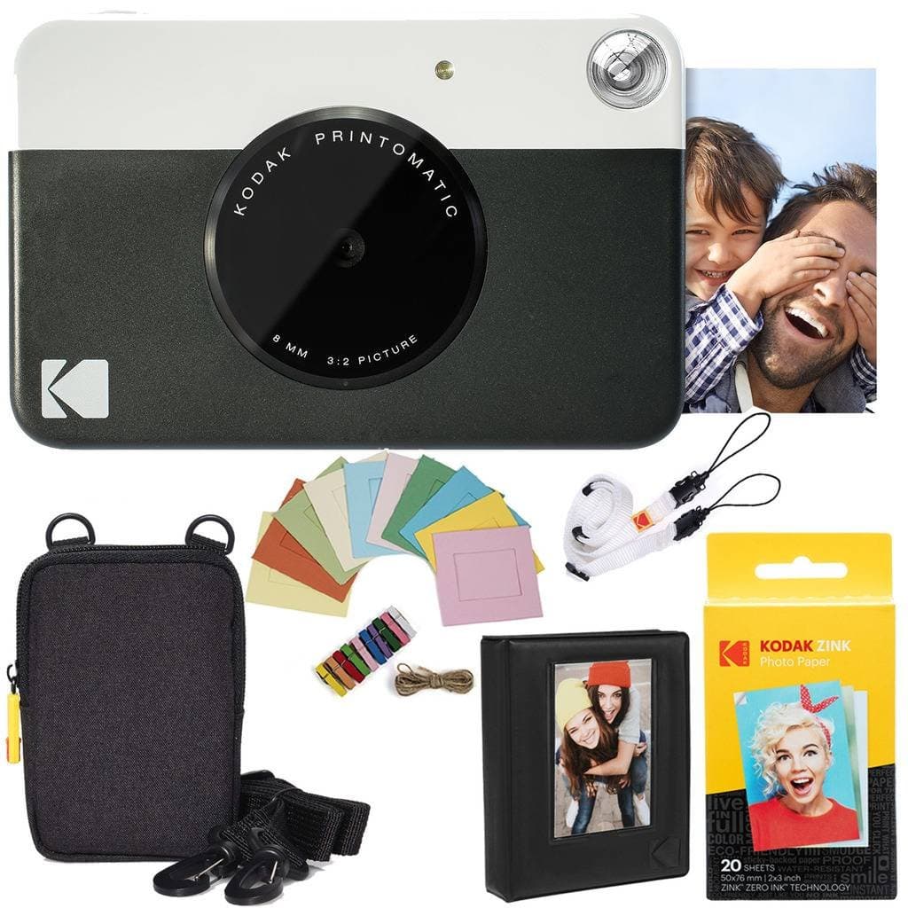 Kodak Printomatic Instant Camera (Black) Deluxe Bundle + Zink Paper (20 Sheets) + Deluxe Case + Photo Album + Hanging Frames + Comfortable Neck Strap