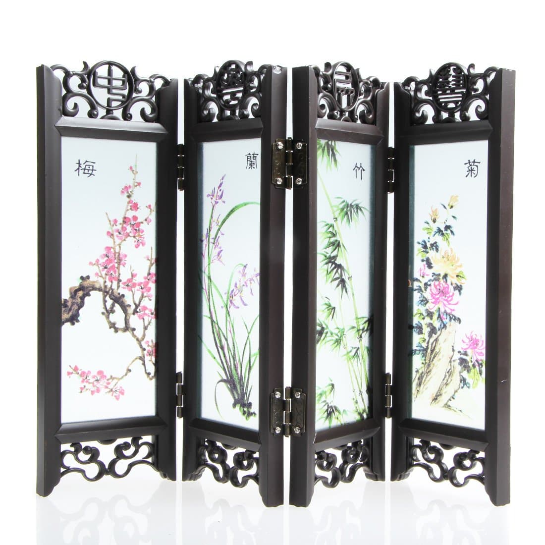 alla Chinese Traditional Crafts Small Lacquer Folding Screen (4-Slices) for Home Decoration (Floral)