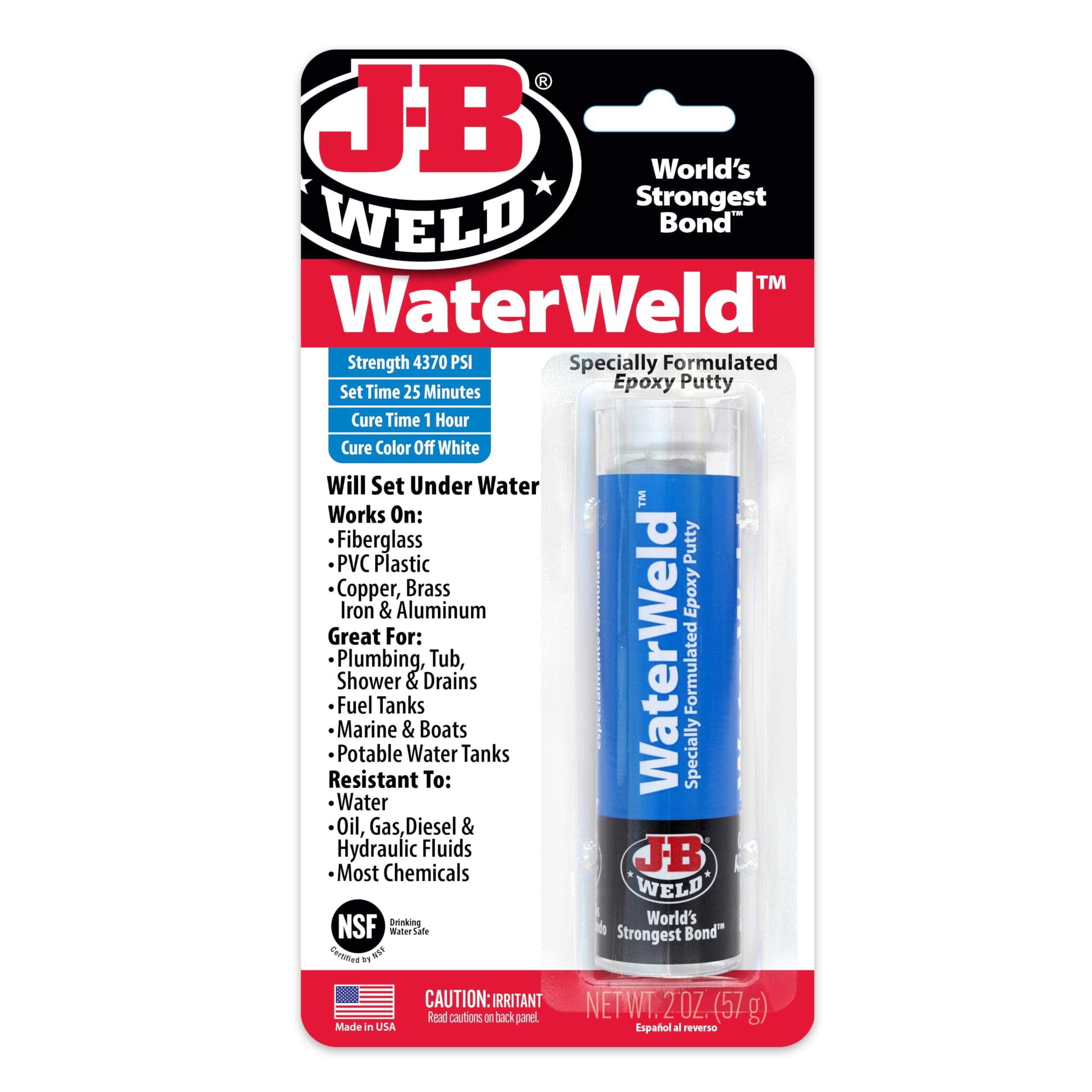 J-B WeldWaterWeld Epoxy Putty Stick Off White, 2 oz. 1 Pack, 8277