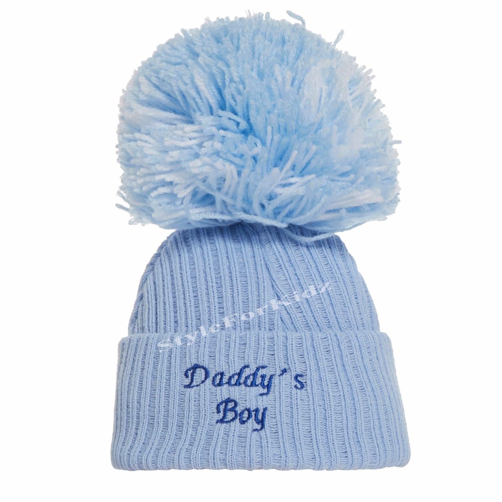 CaseetoSoho Fashions Luxury British Made Baby Boy Mummys Boy Daddys Boy Cute Decorative Frilly Knitted Pom Pom Newborn Baby Hats (Small (0-3 Months), Daddys Boy (Full Blue))