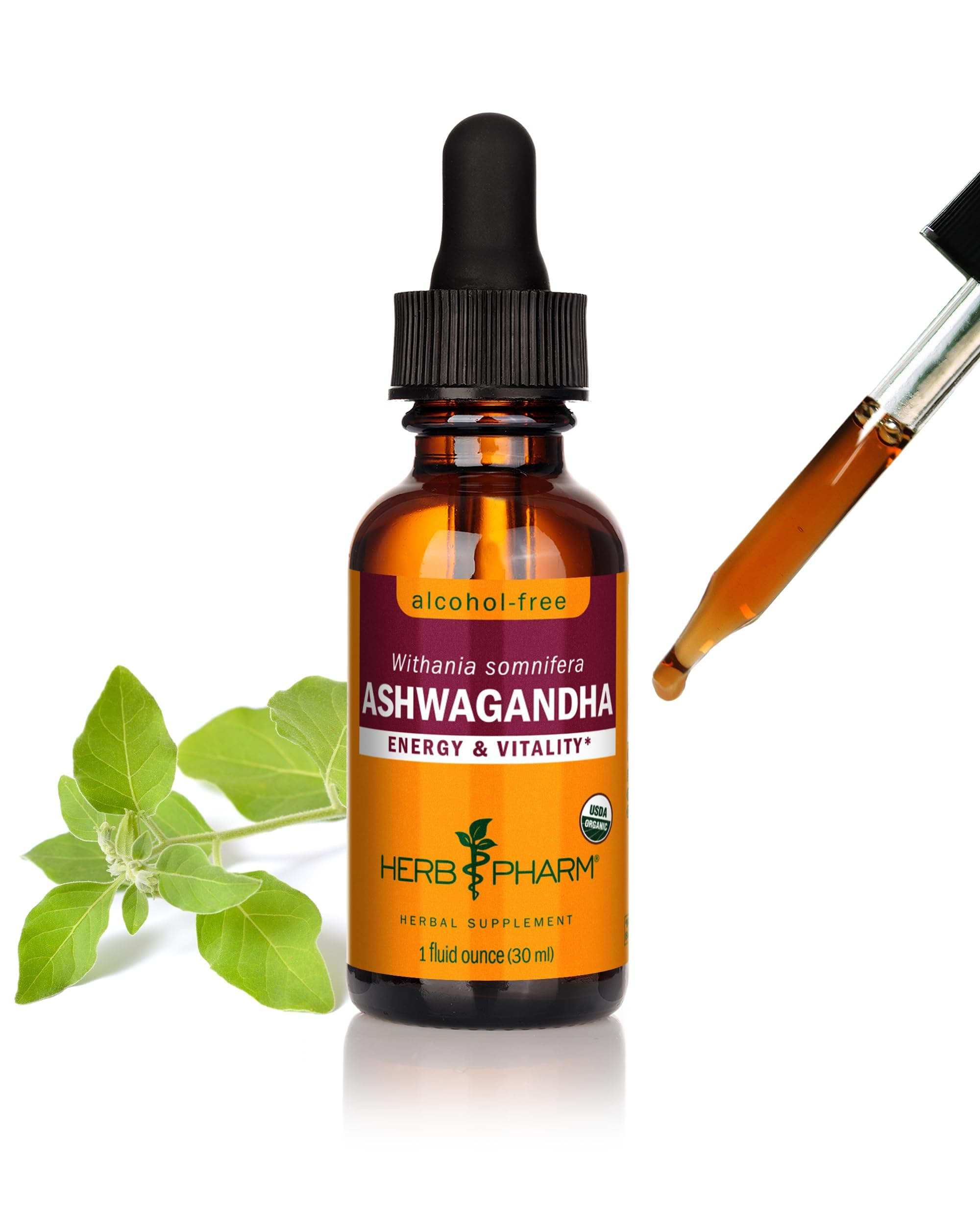 Herb Pharm Organic Ashwagandha Liquid Extract, Alcohol-Free: Mood Support Supplement, Vegan Ashwagandha Root Glycerite, Tasty Non-Bitter Adaptogen Extract for Adults, Non-GMO, 1 Oz