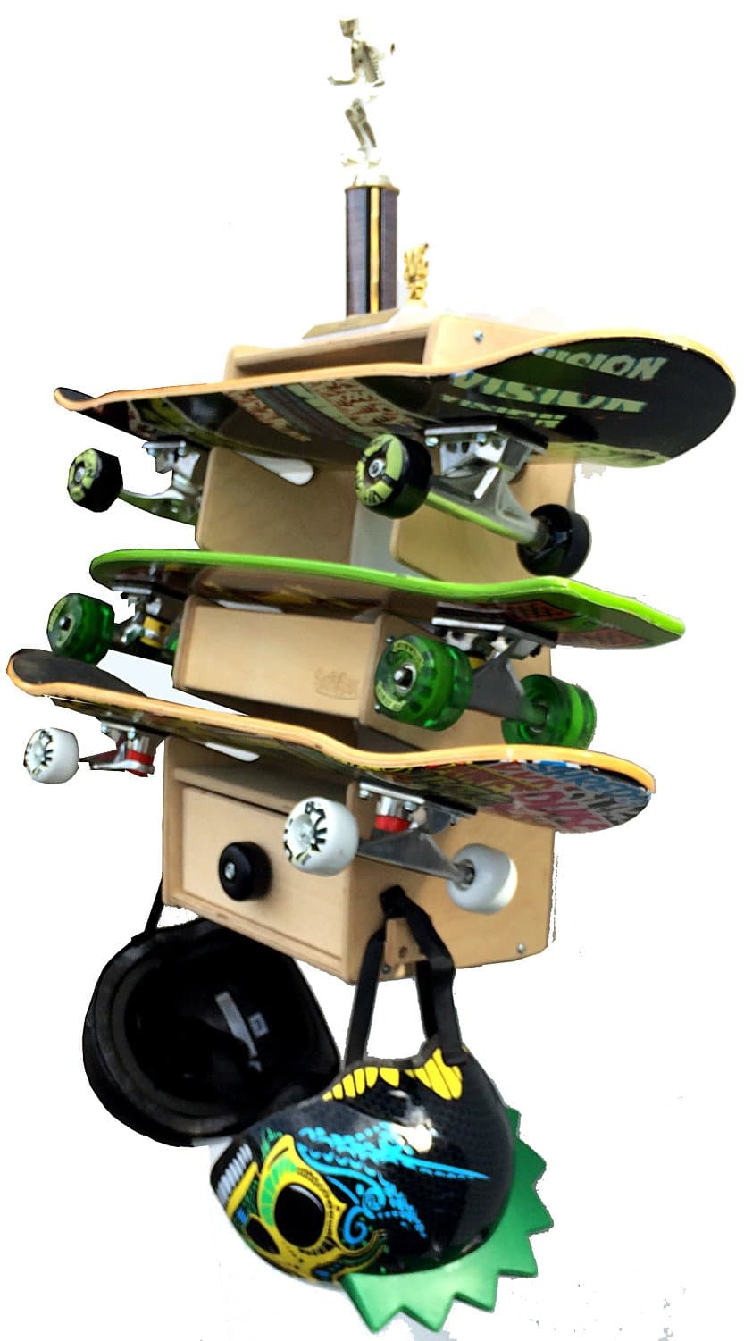 Sk8Rak 3 Board Skateboard Rack - Beautifully Designed and Crafted in The USA - 3,4, and 6-Board Racks for Regular and Longboards - Wall-Mounted or Free-Standing