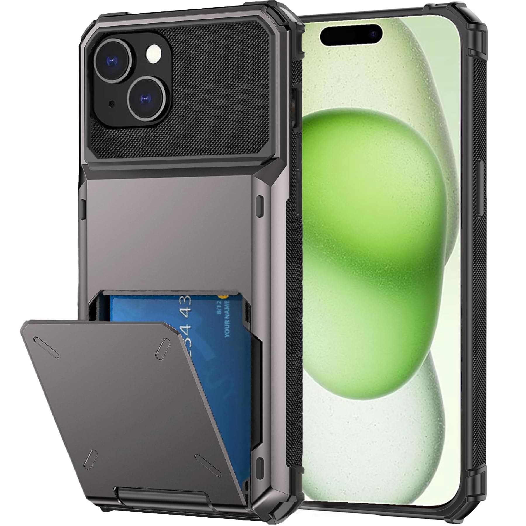 rojaroufor iPhone 15 Case with Card Holder[Store 5 Cards] Wallet Case with Hidden Card Slot, Heavy Dual Layer Shockproof Protective Phone Case for Apple iPhone 15 Cover,Grey