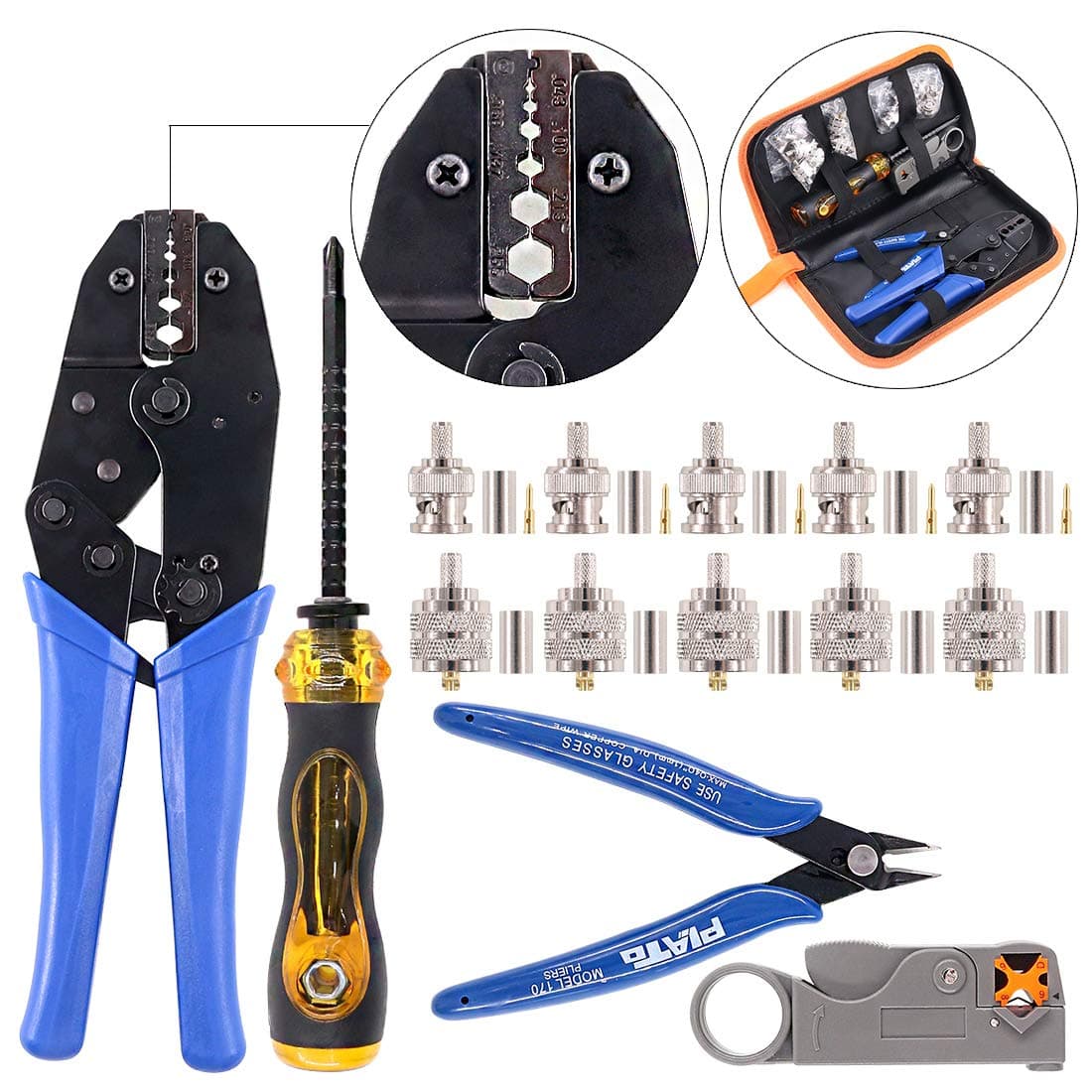 Swpeet 14Pcs Professional Coaxial Cable Tool Kit, Ratcheting Wire Terminal Coaxial Cable Tool Kit with 1Pcs Cable Stripper and 10pcs 50 Ohm BNC Crimp Male/Straight Connectors for Coax Connectors