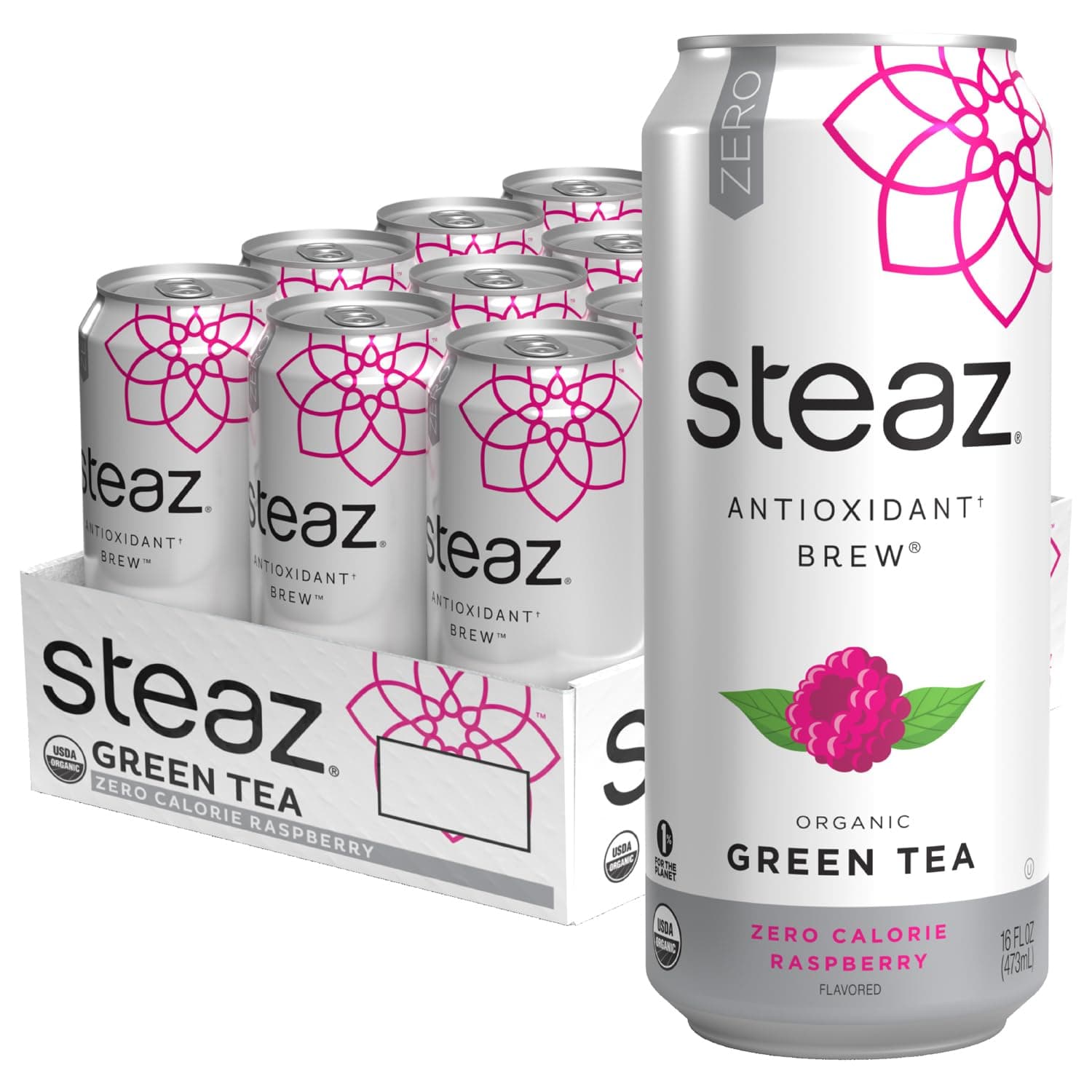 Organic Green Tea - Zero Calorie Raspberry (12 Pack) - Antioxidant Brew - 65mg Natural Caffeine, Vitamin C - Stevia Sweetened Iced Tea - Vegan, Fair Trade - 12 Cans, 16 fl oz (473mL)
