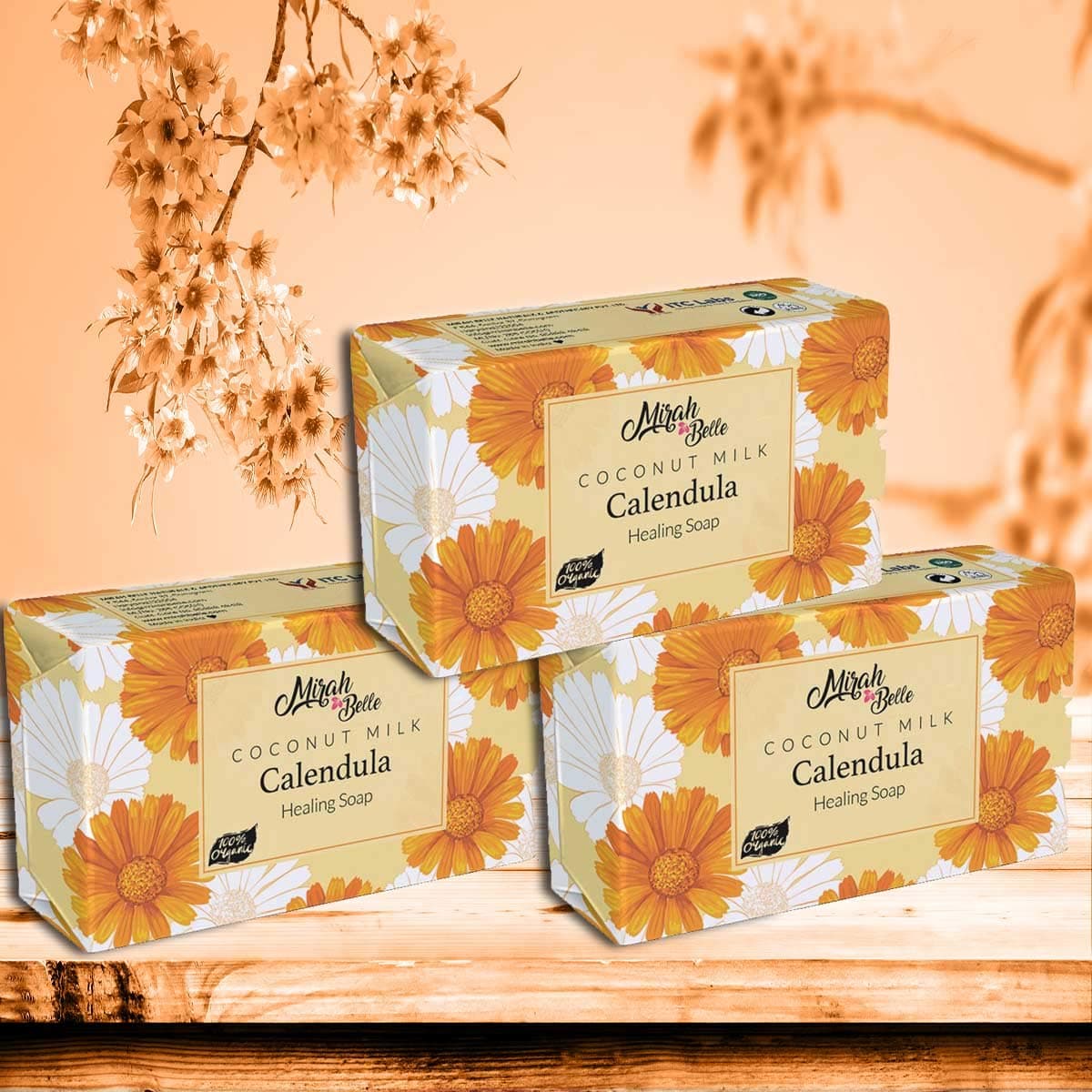 – Mirah Belle - Organic Coconut Milk, Calendula Healing Soap Bar (Pack of 3-125 g) - Best for Sensitive, Infection and Acne Prone Skin - 375 gms