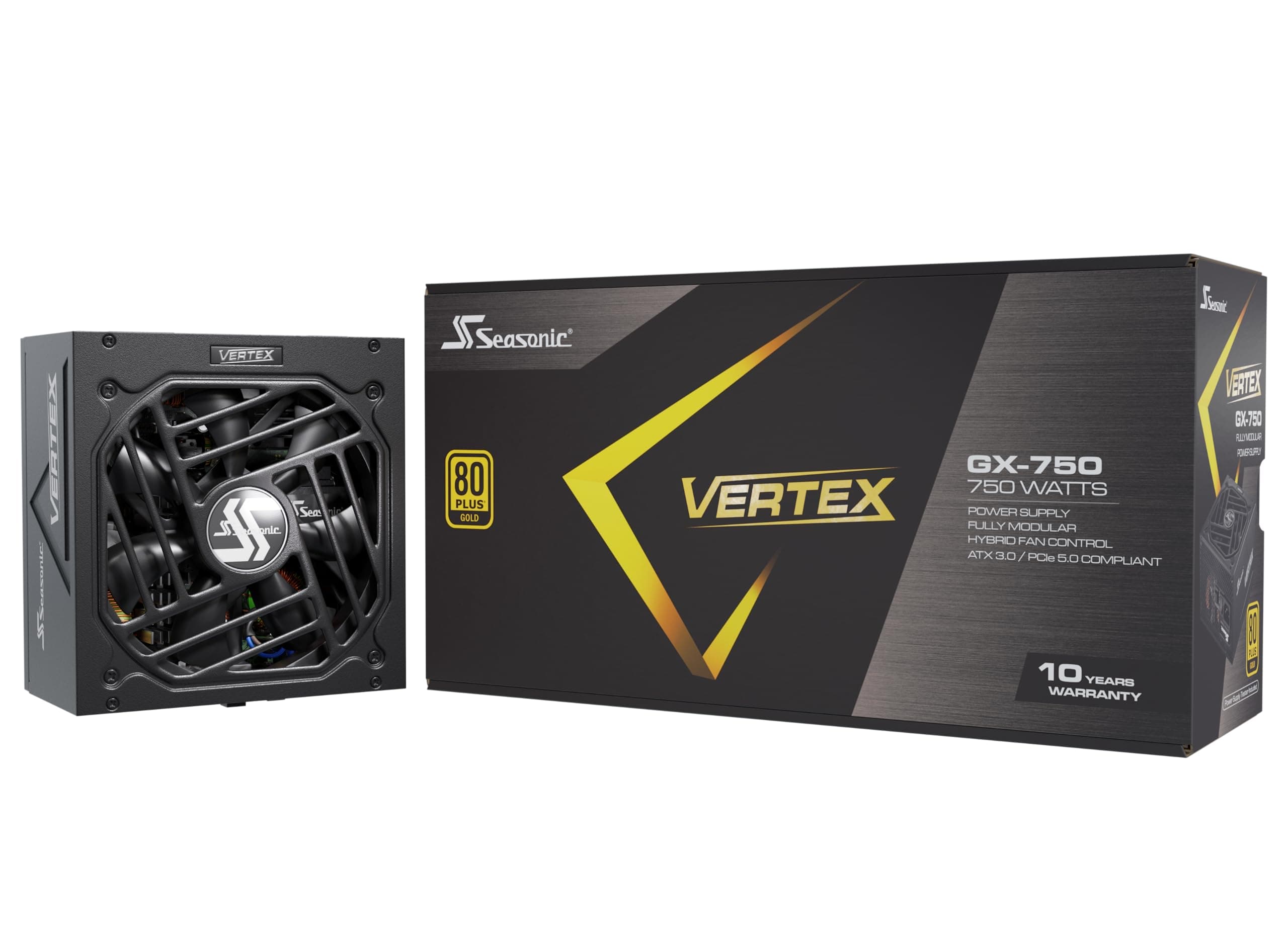 Seasonic Vertex GX-750, 750W 80+ Gold, ATX 3.0 / PCIe 5.0 Support Full Modular, Fanless Mode Fan Control, Quiet and Cooling, 10 Year Warranty, Perfect Gaming Power Supply, 12751GXAFS