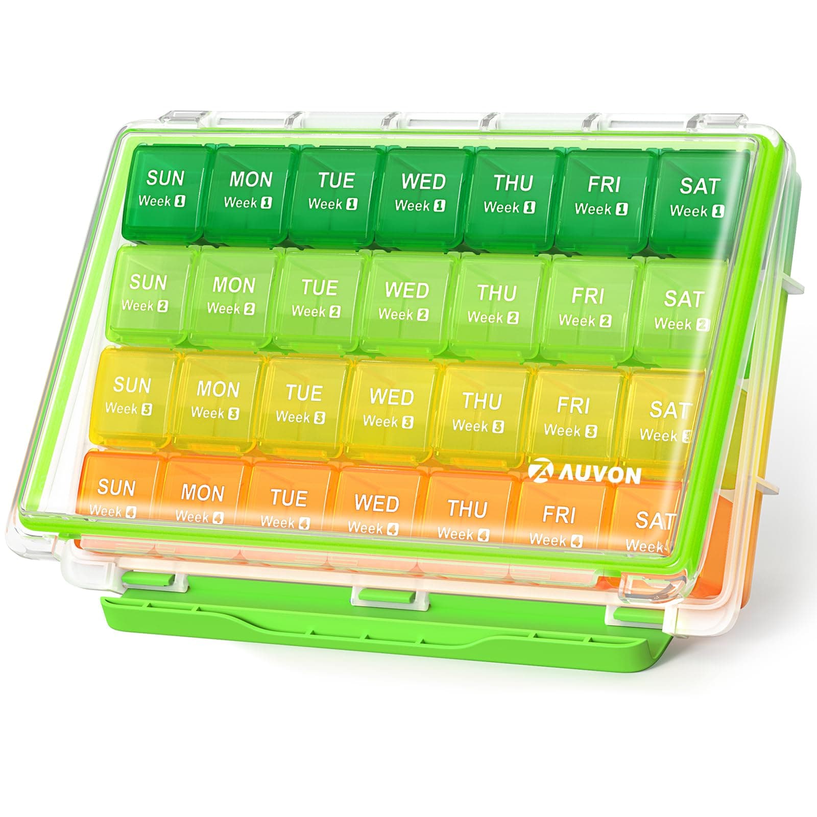 AUVON Moistureproof Monthly Pill Organizer, Travel-Friendly Weekly Pill Box with Removable 4 Weeks Pill Case Rows, Large 28 Days Pill Container for Fish Oils, Vitamins, Supplements and Medications