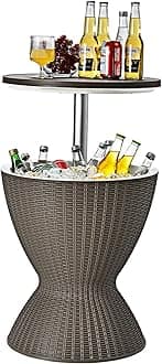 COSTWAY Ice Bucket Table, 30L Multifunctional Ice Beer Drinks Storage Holder with Height Adjustable Tabletop, Outdoor Garden Patio Deck Cool Bar for Camping Picnic Party (Brown)