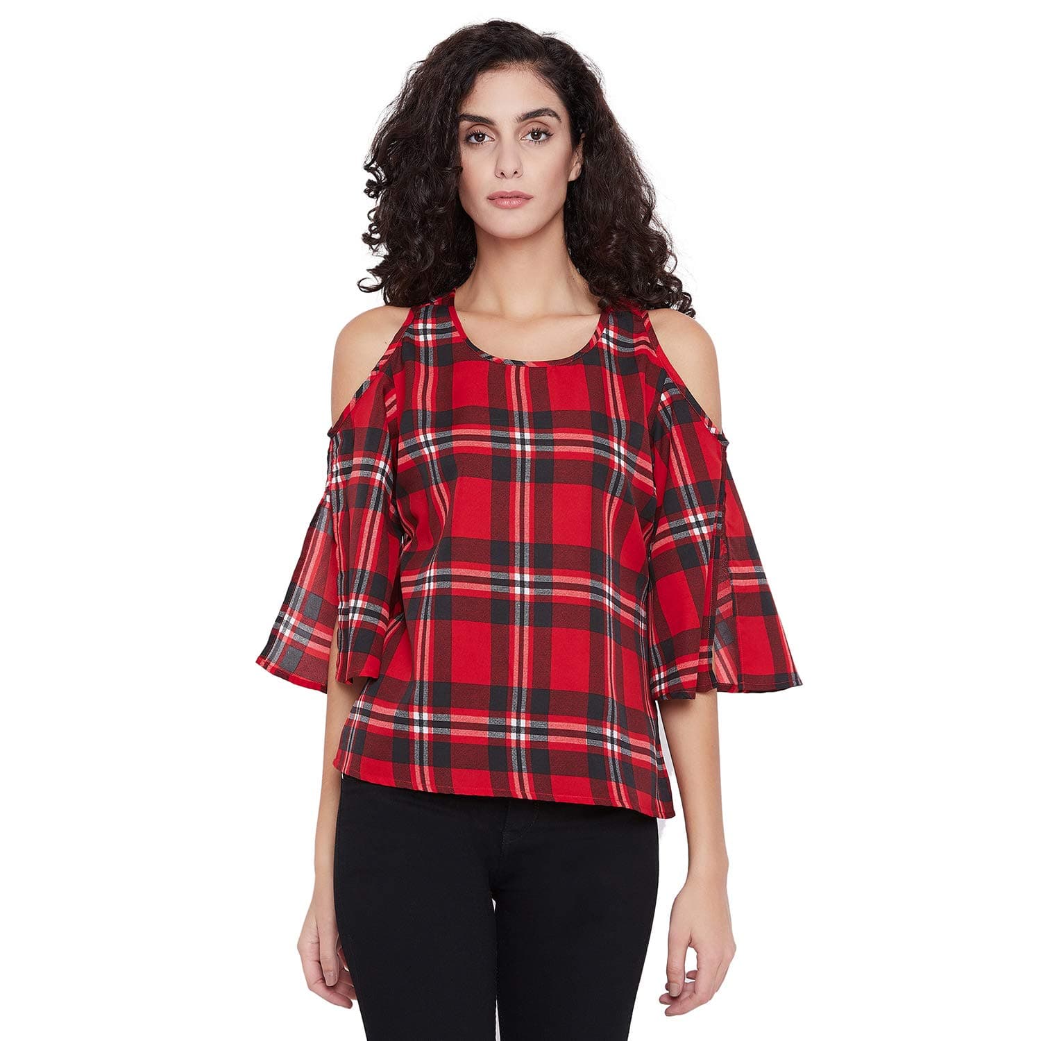 Stylesland Women's Red & Black Cold Shoulder Top