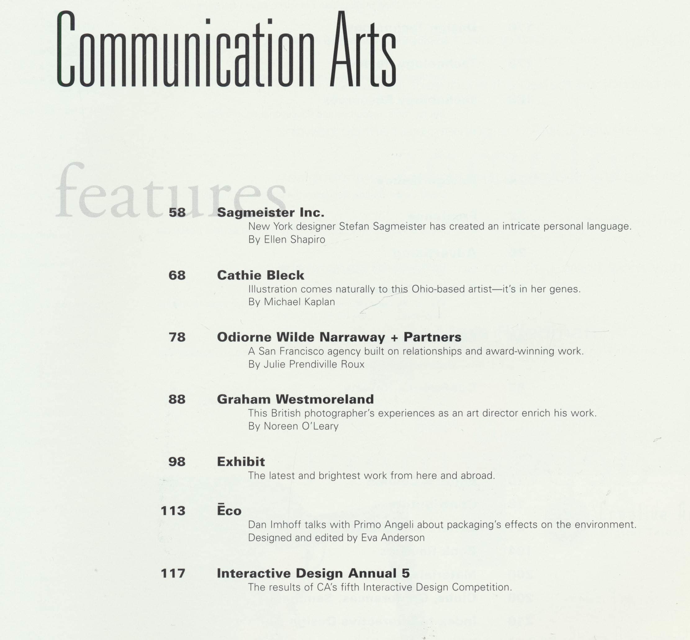 Communication Arts : Language of Stefan Safmeister; Illustrations of Cathie Bleck; Odiorne Wilde Narraway & Partners; Art Director Graham Westmoreland; Interview of Primo Angeli