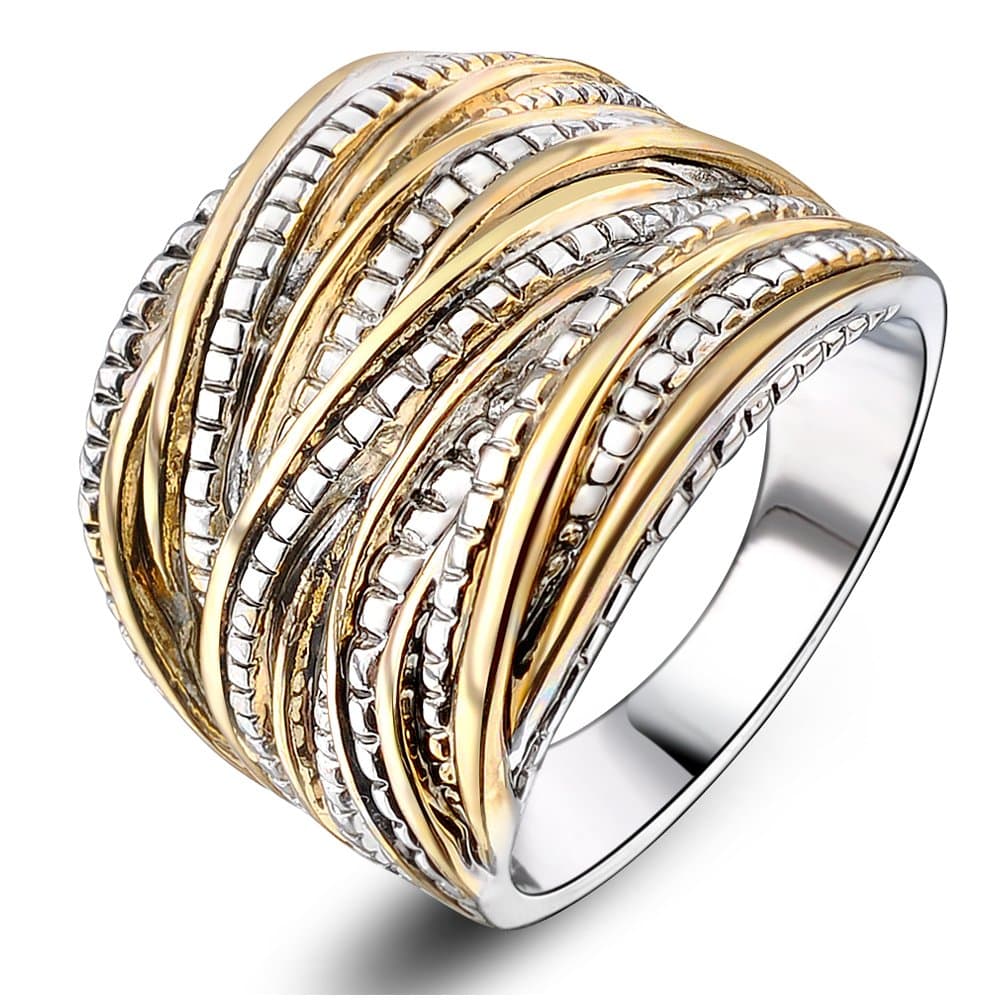 2 Tone Intertwined Crossover Statement Ring Fashion Chunky Band Rings for Women Wide Index Finger Rings Costume Jewelry